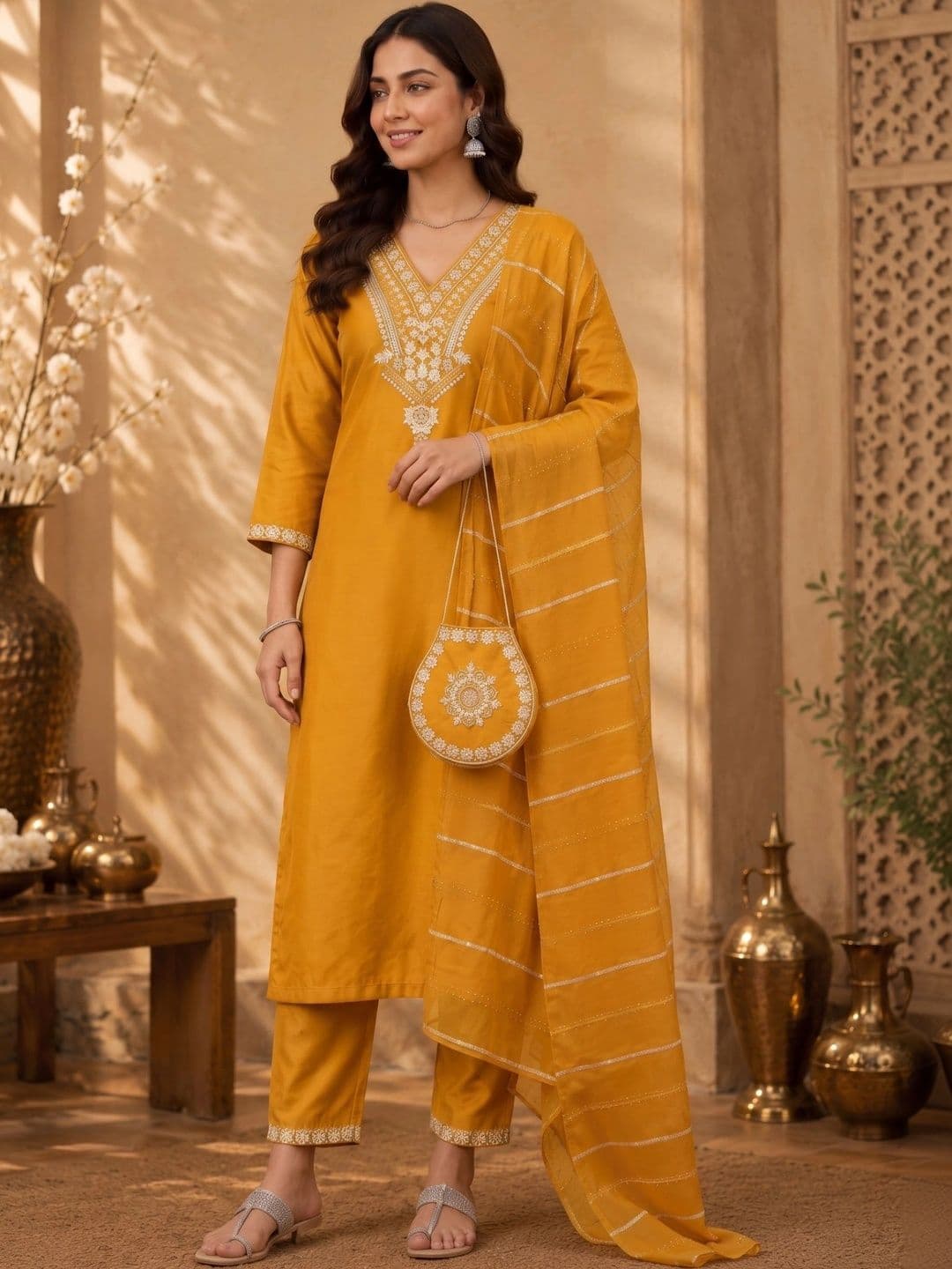 J MOGAL Women Ethnic Motifs Embroidered Regular Kurta with Trousers & With Dupatta thumbnail 4