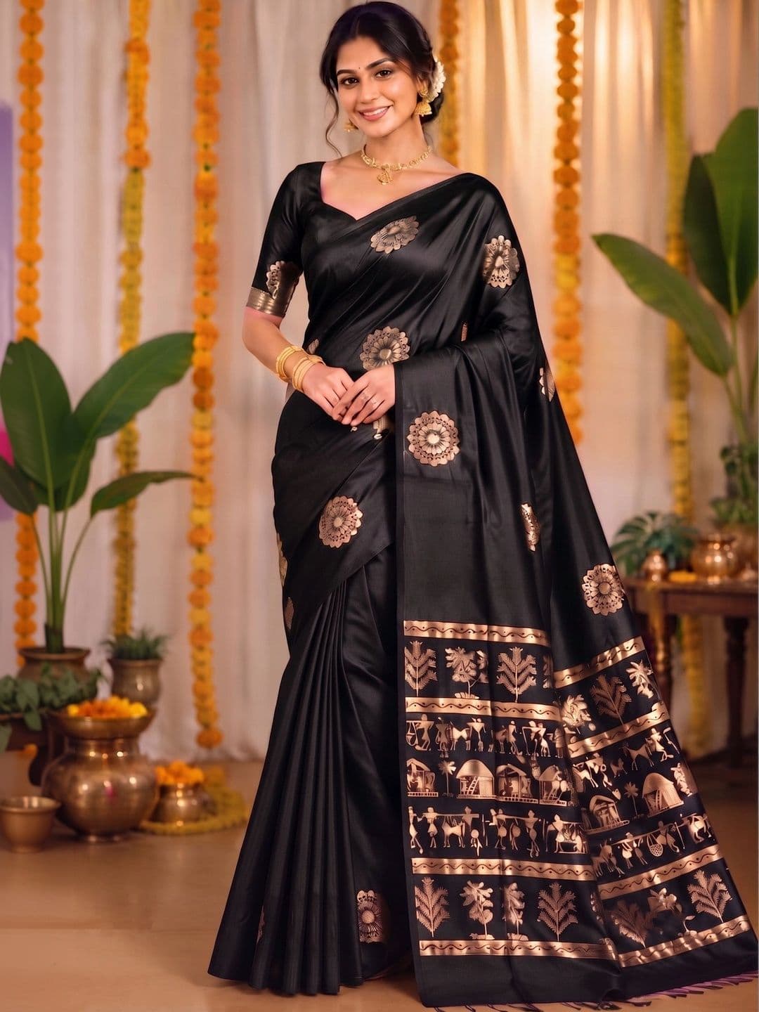 VILLE FASHION Women Warli Zari Art Silk Kanjeevaram Saree - view 1