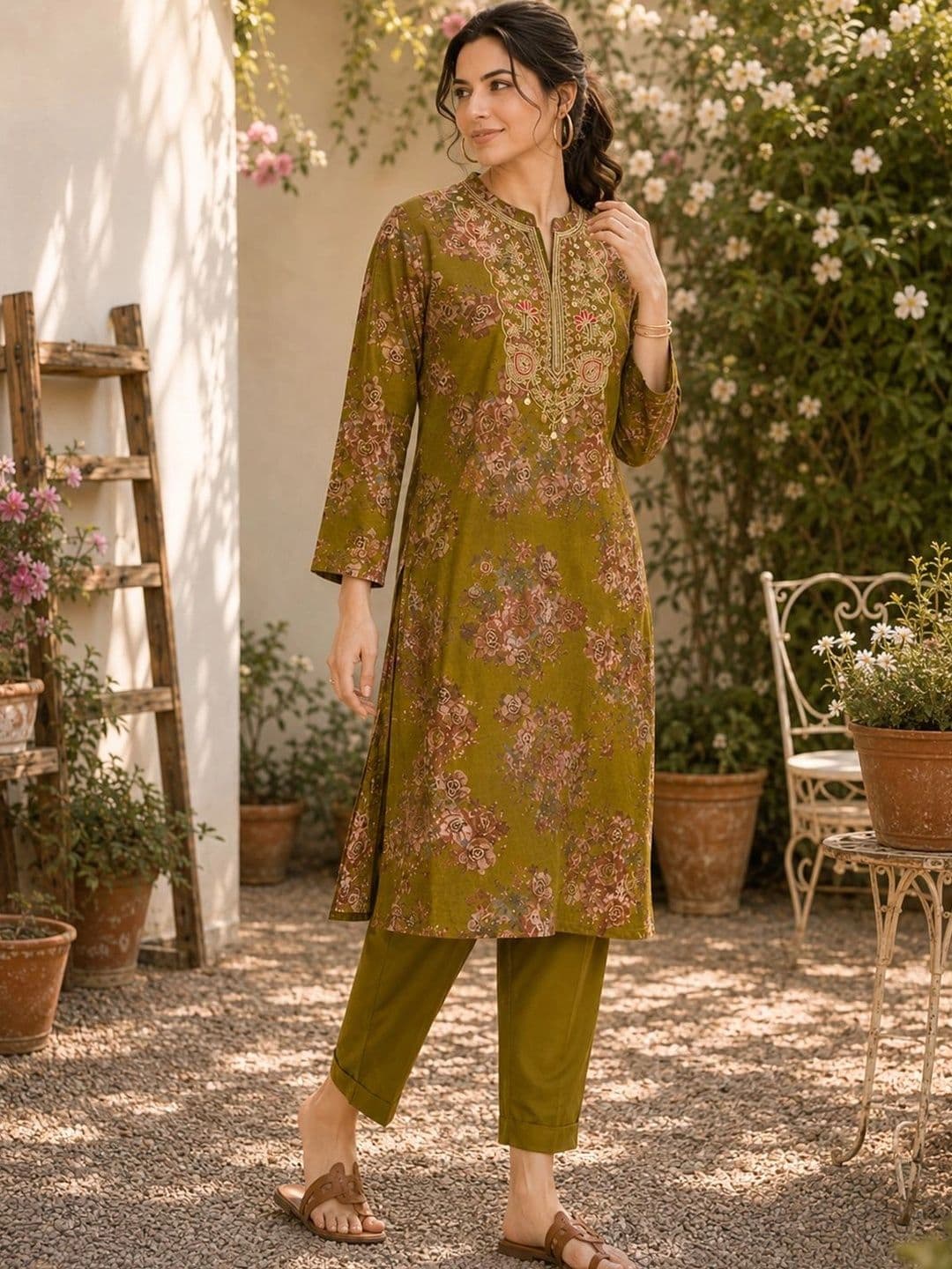 Nayam By Lakshita Women Floral Printed Regular Thread Work Kurta with Trousers thumbnail 3