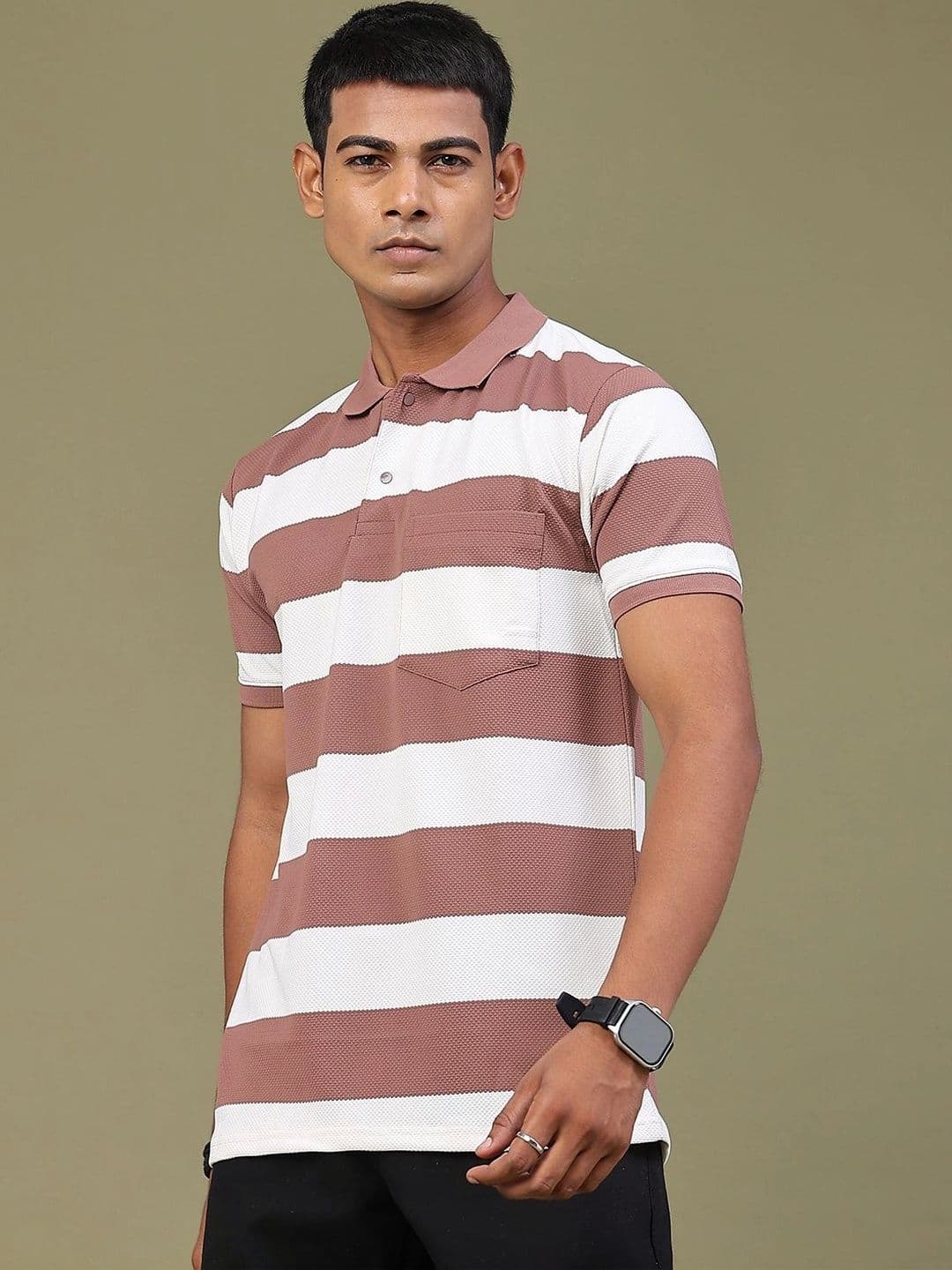 V-Mart Men Striped Polo Collar Pockets Slim Fit T-shirt - view 1