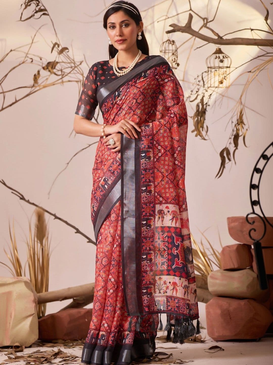 Moda Rapido Kalamkari Zari Linen Blend Designer Patola Saree - view 1