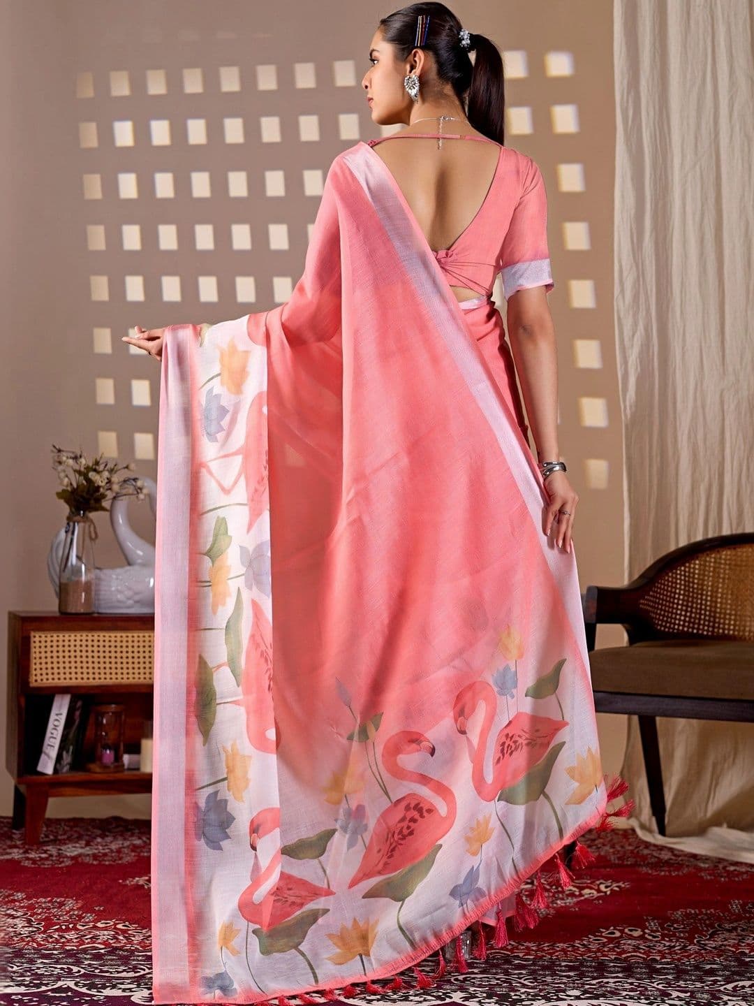 Moda Rapido Floral Zari Linen Blend Designer Saree thumbnail 5