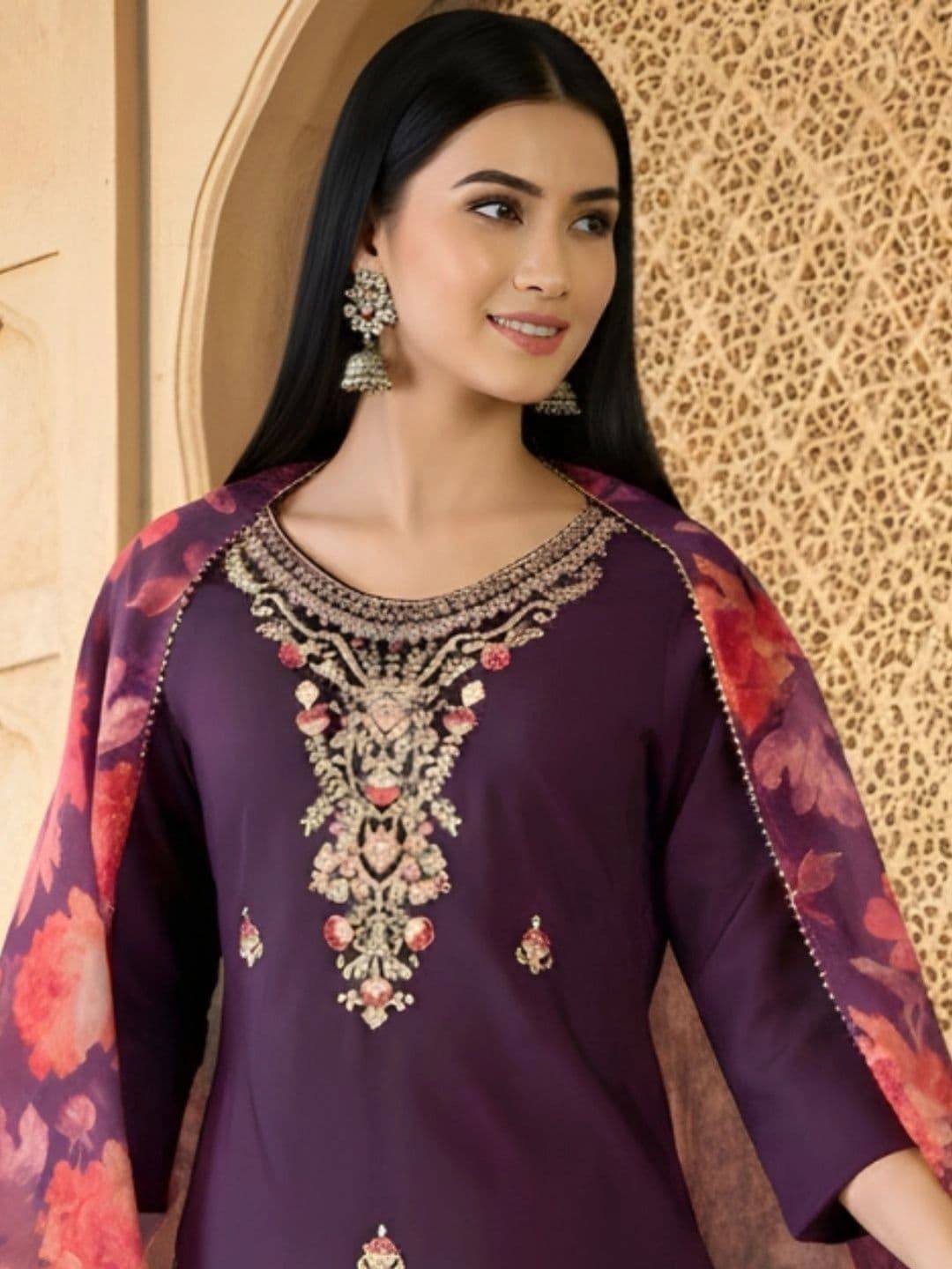 HERE&NOW Women Floral Embroidered Regular Thread Work Kurta with Trousers & With Dupatta thumbnail 4