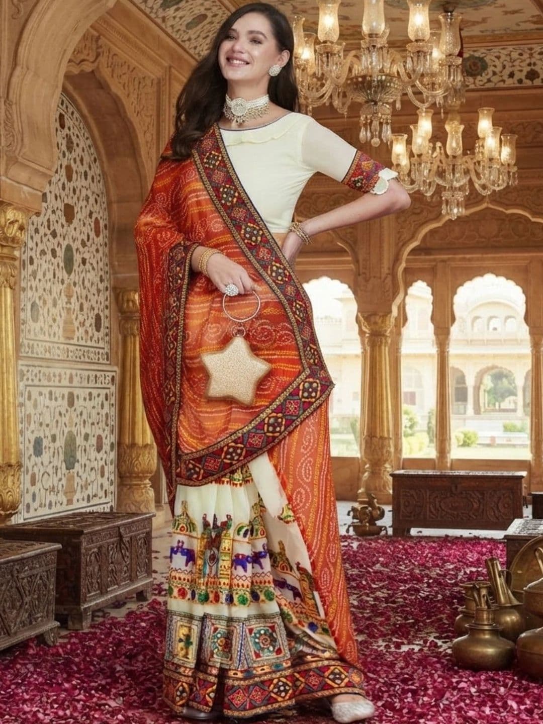 DIVASTRI Embroidered Poly Georgette Half and Half Bandhani Saree - view 1