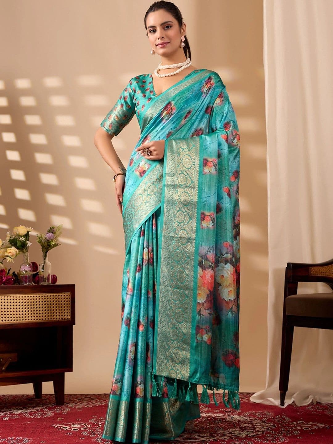 Moda Rapido Floral Zari Silk Blend Designer Saree - view 1