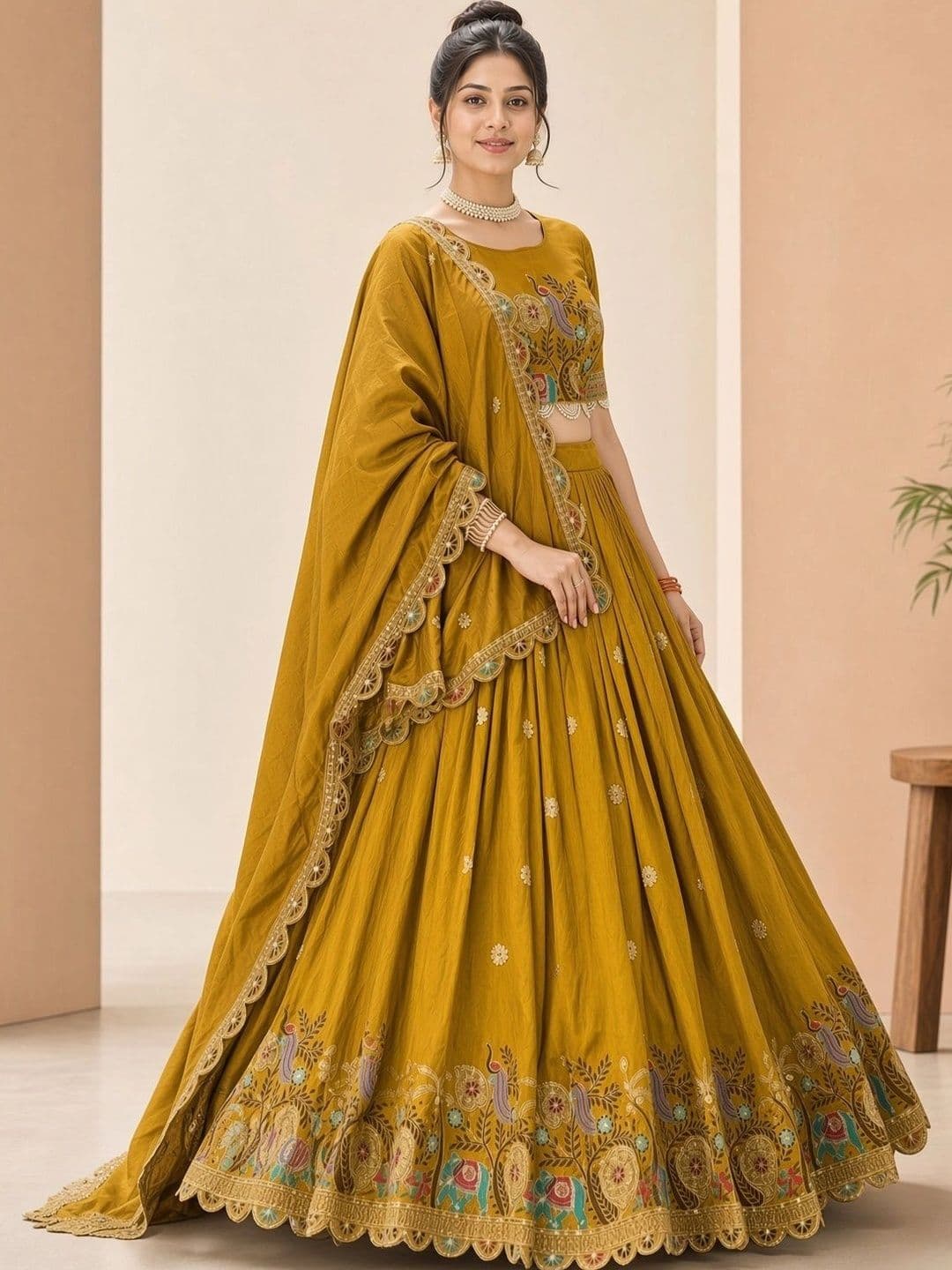 Closin Embroidered Thread Work Ready to Wear Lehenga & Unstitched Blouse With Dupatta thumbnail 4