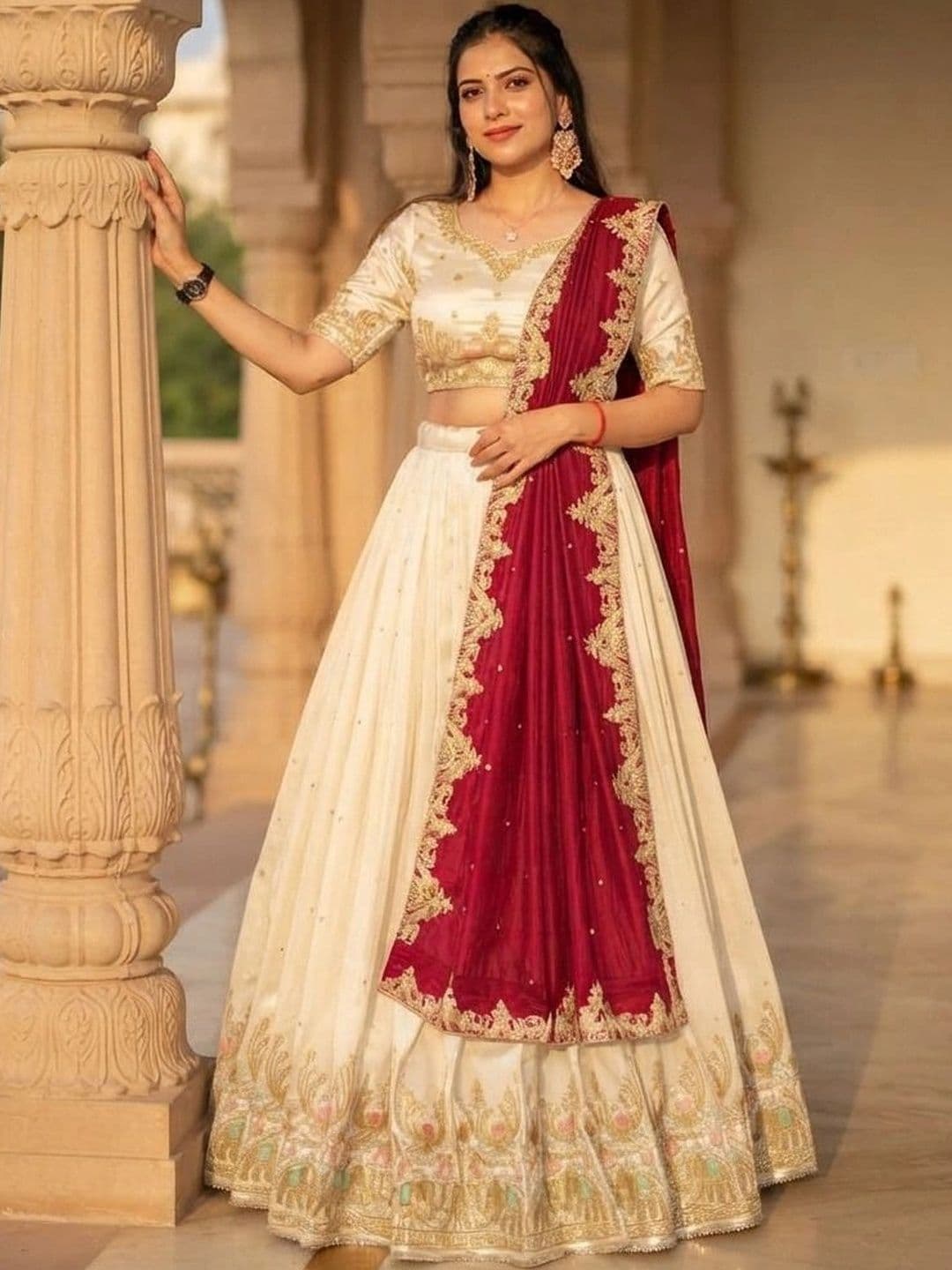 HERE&NOW Embroidered Thread Work Semi-Stitched Lehenga & Blouse With Dupatta - view 1