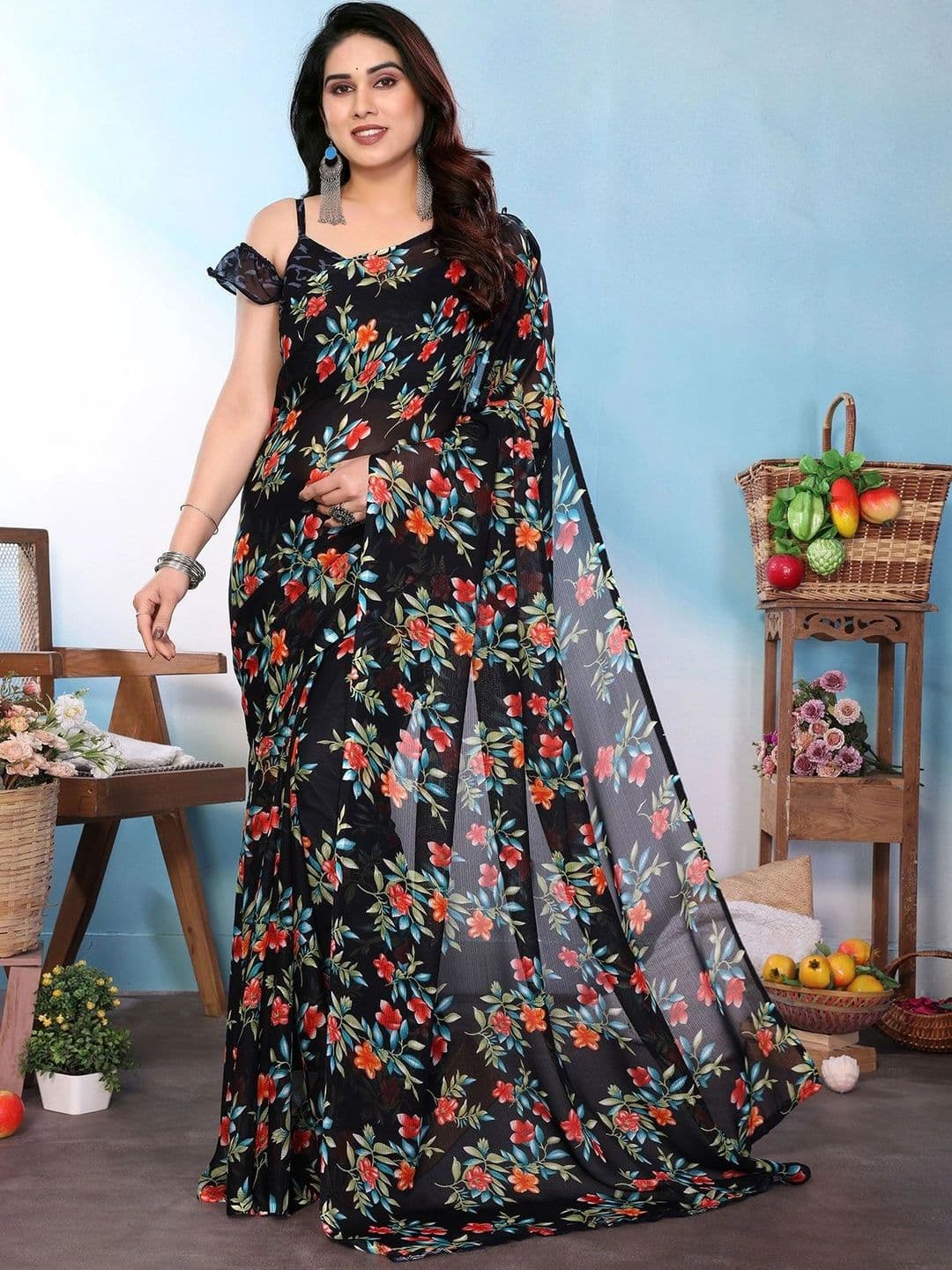 NIRVAAN Floral Pure Georgette Saree - view 1