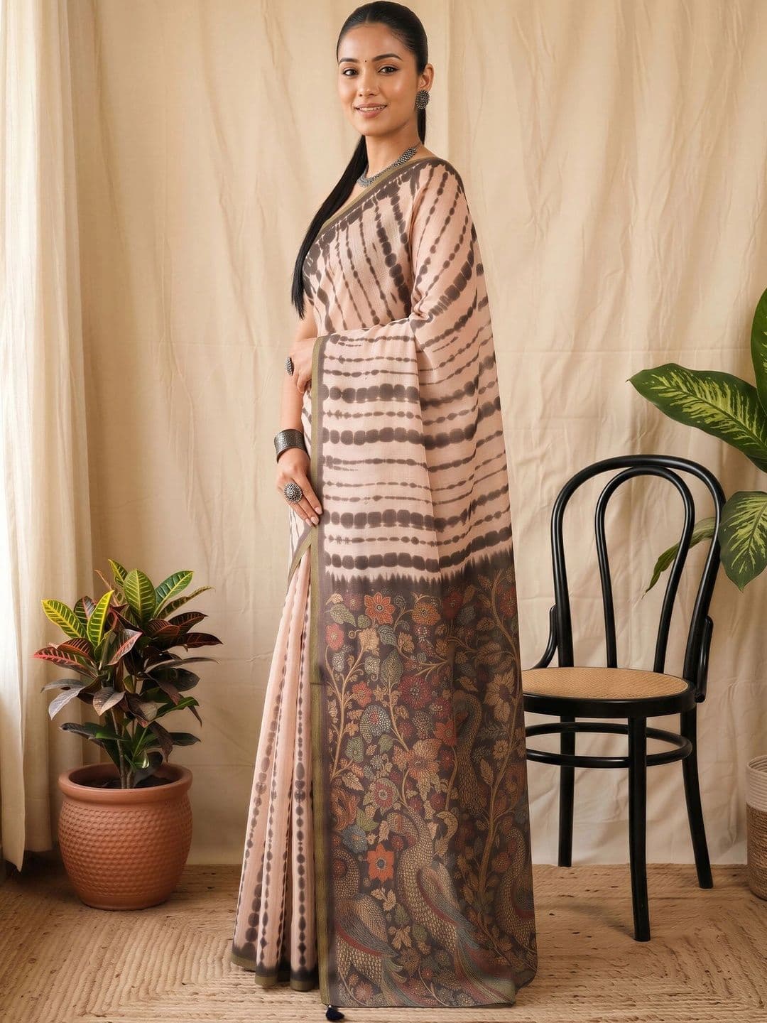 Sangria Tie and Dye Fusion Block Print Saree thumbnail 3