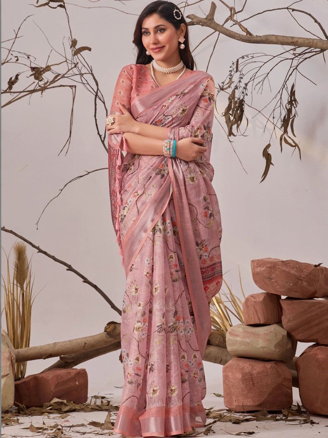 Moda Rapido Floral Linen Blend Designer Patola Saree thumbnail 6