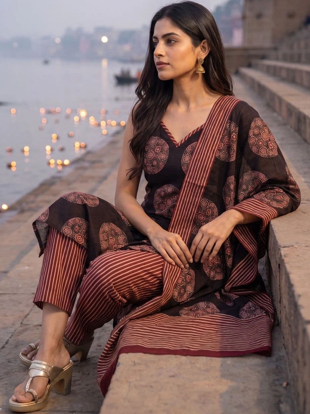 BrownEra Women Ethnic Motifs Printed Regular Pure Cotton Kurta with Trousers & With Dupatta thumbnail 5
