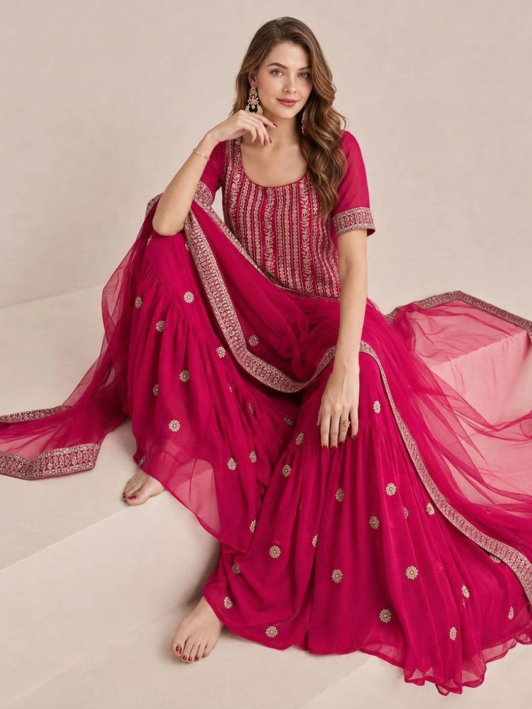 KALINI Women Ethnic Motifs Embroidered Silk Georgette Kurta with Sharara With Dupatta thumbnail 3