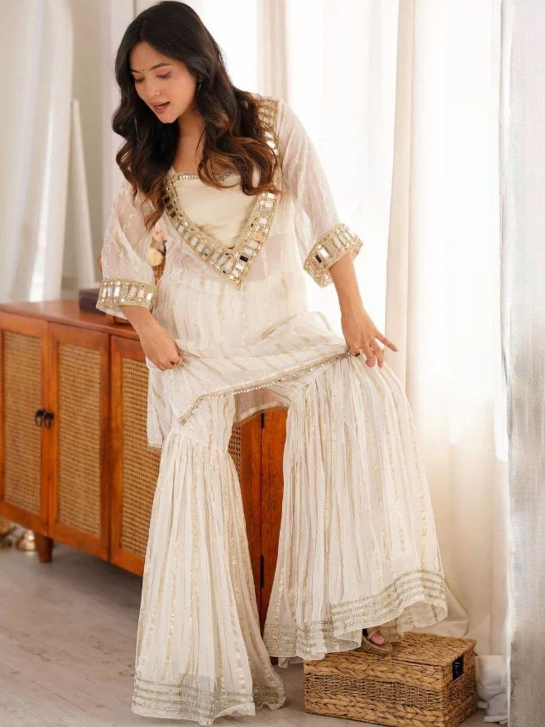 HERE&NOW Women Regular Mirror Work Chanderi Silk Kurti with Sharara thumbnail 7