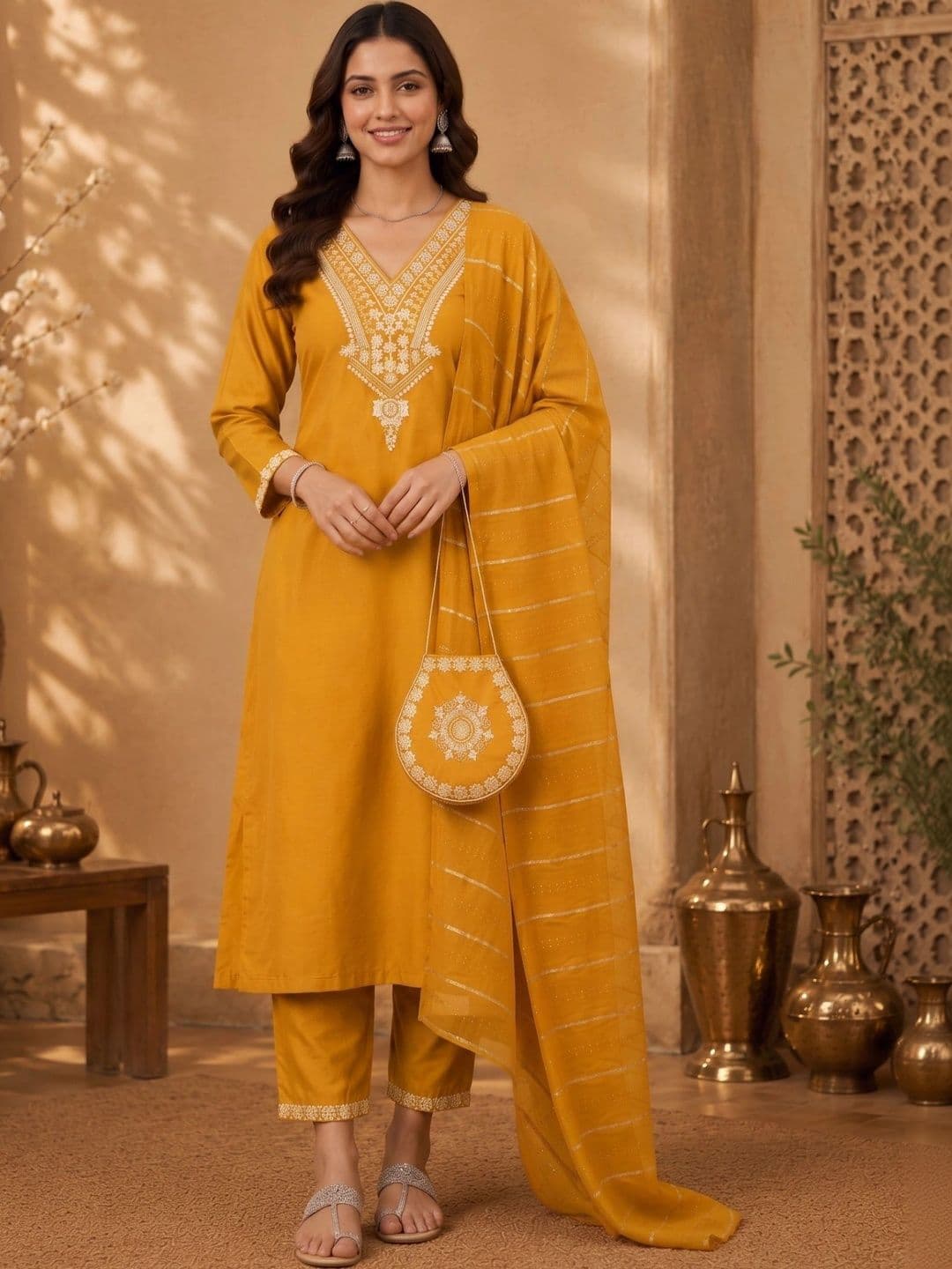 J MOGAL Women Ethnic Motifs Embroidered Regular Kurta with Trousers & With Dupatta - view 1
