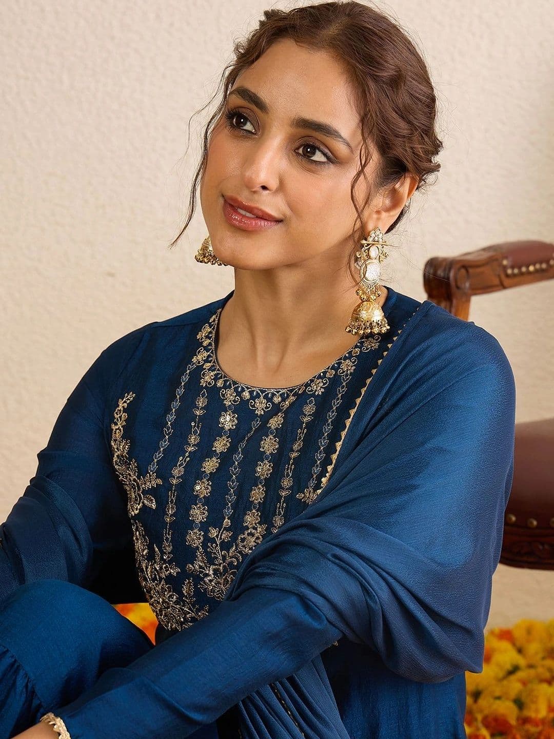 Janasya Blue Floral Embroidered Round Neck Sequinned Kurti With Sharara & Dupatta Kurta Set thumbnail 3