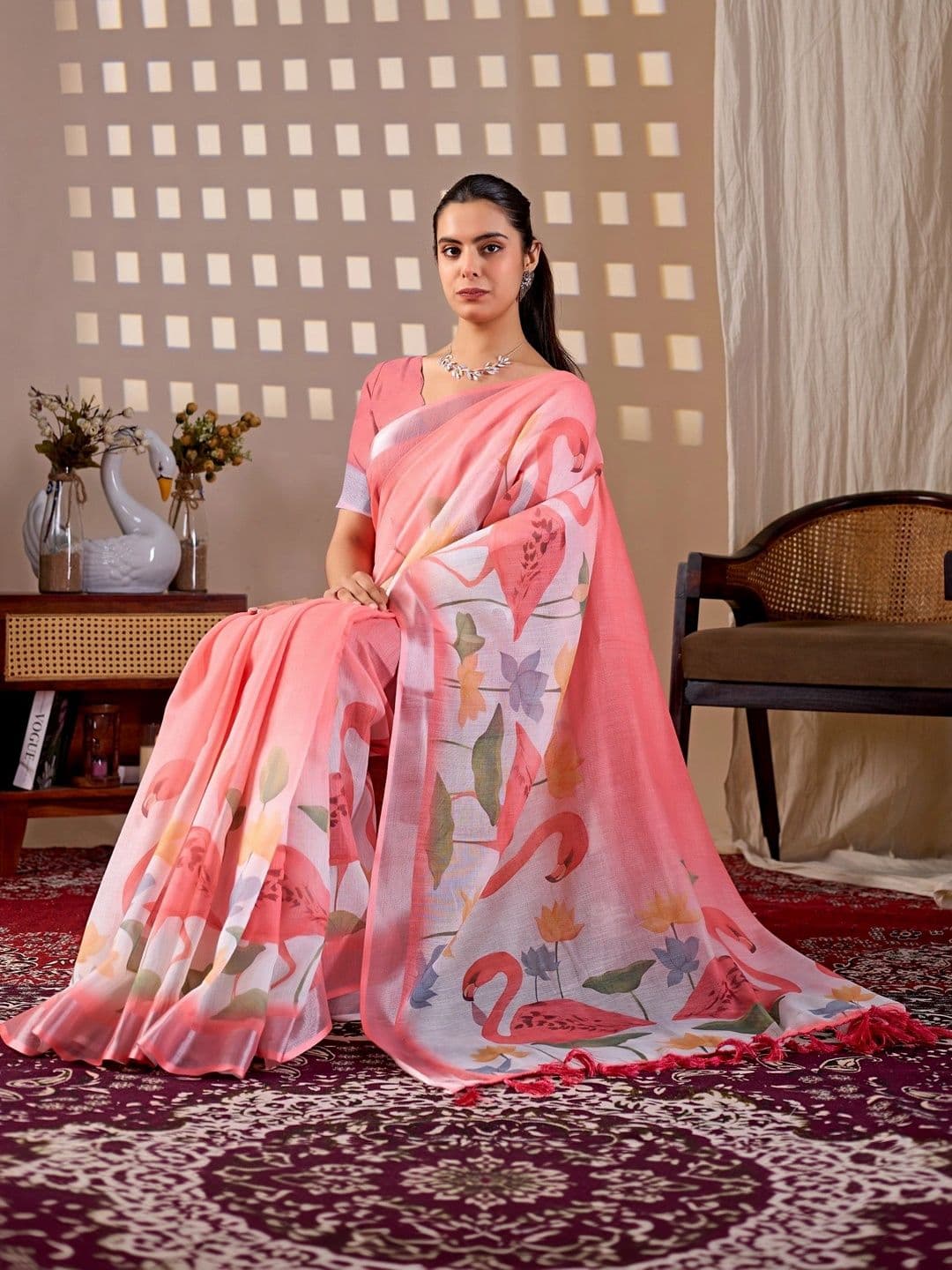 Moda Rapido Floral Zari Linen Blend Designer Saree thumbnail 3