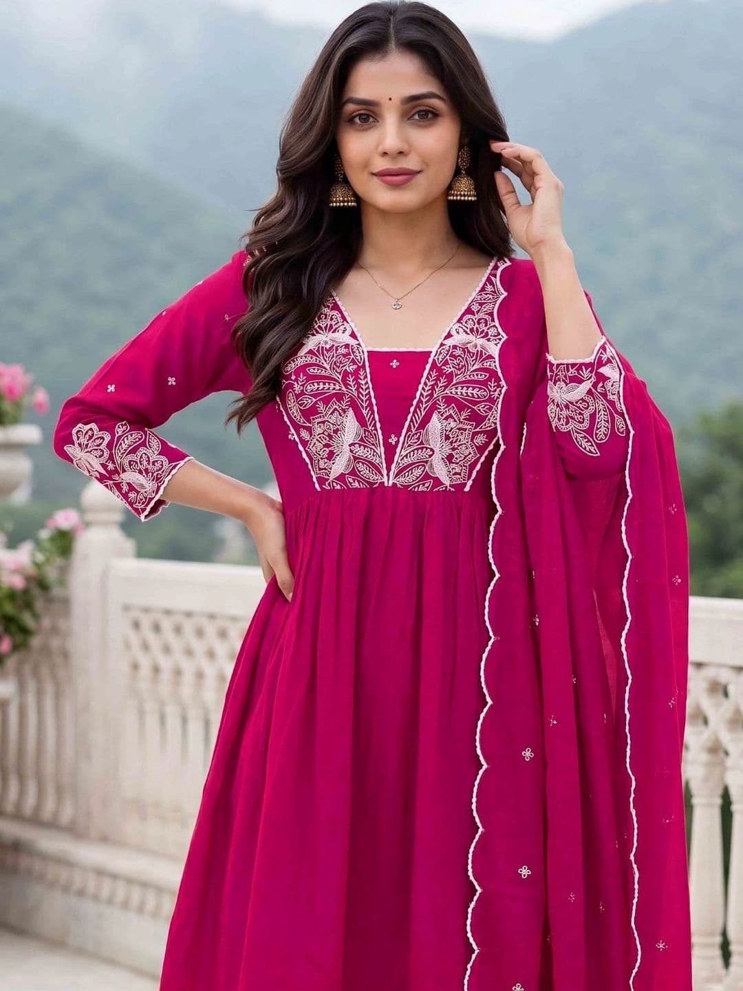 Moda Rapido Women Ethnic  Empire Thread Work Pure Silk Kurta with Trousers & With Dupatta thumbnail 4