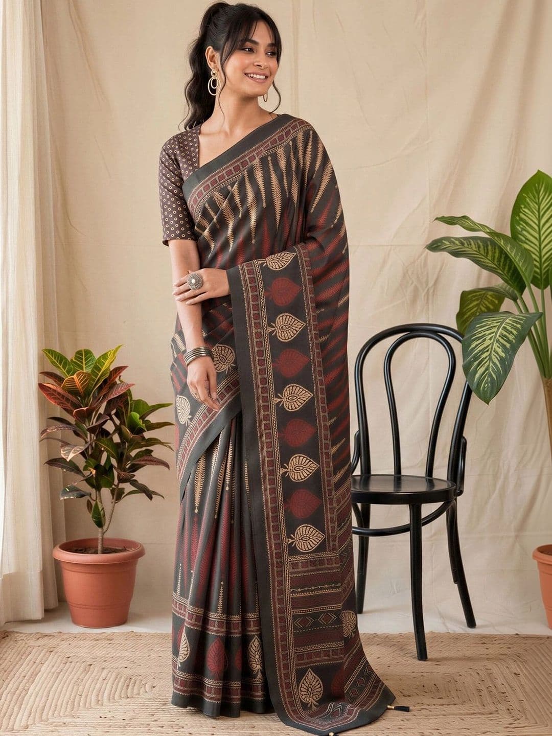 Anouk Batik Silk Blend Designer Block Print Saree thumbnail 5
