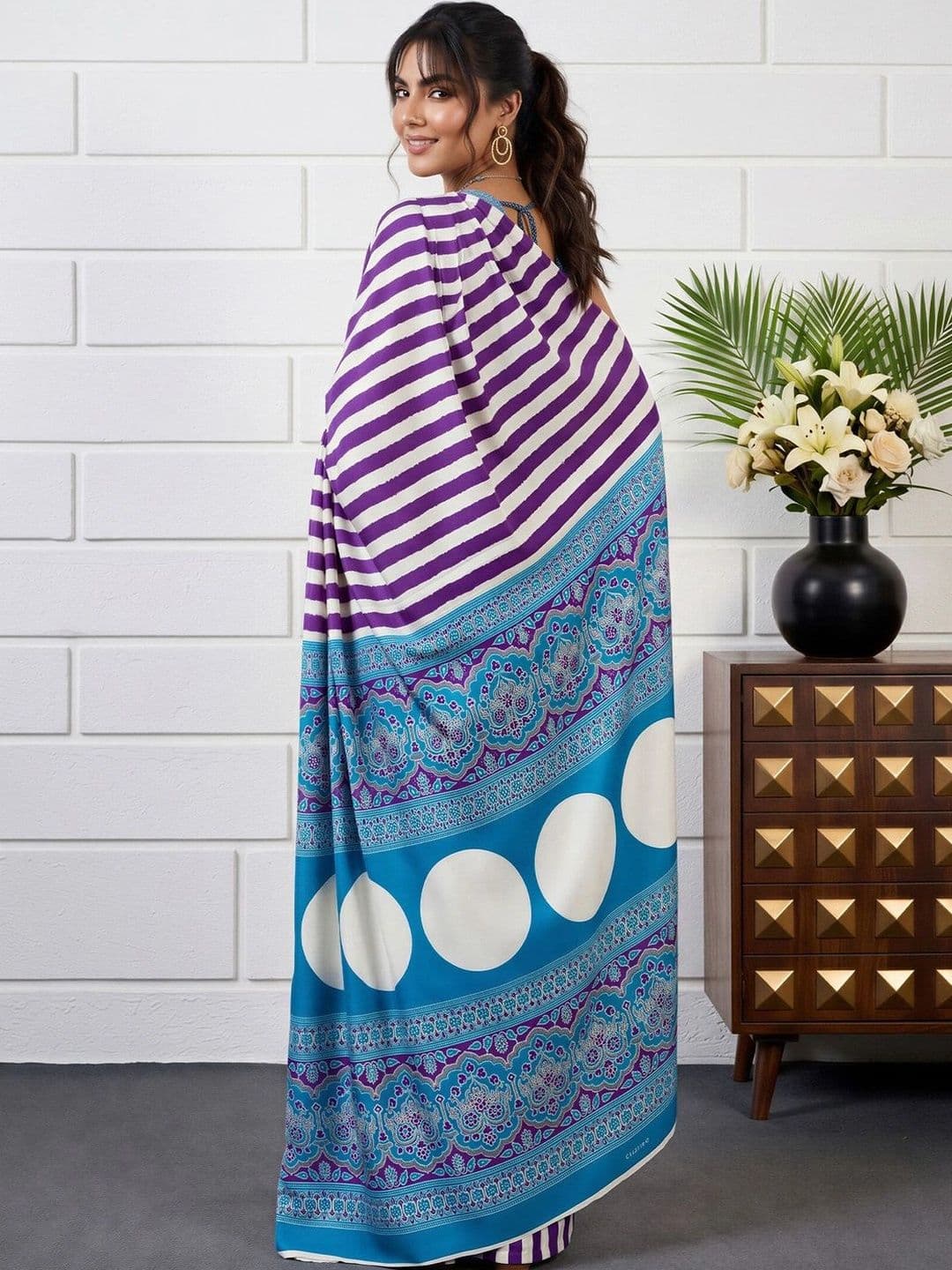 Anouk Striped Satin Designer Saree thumbnail 6