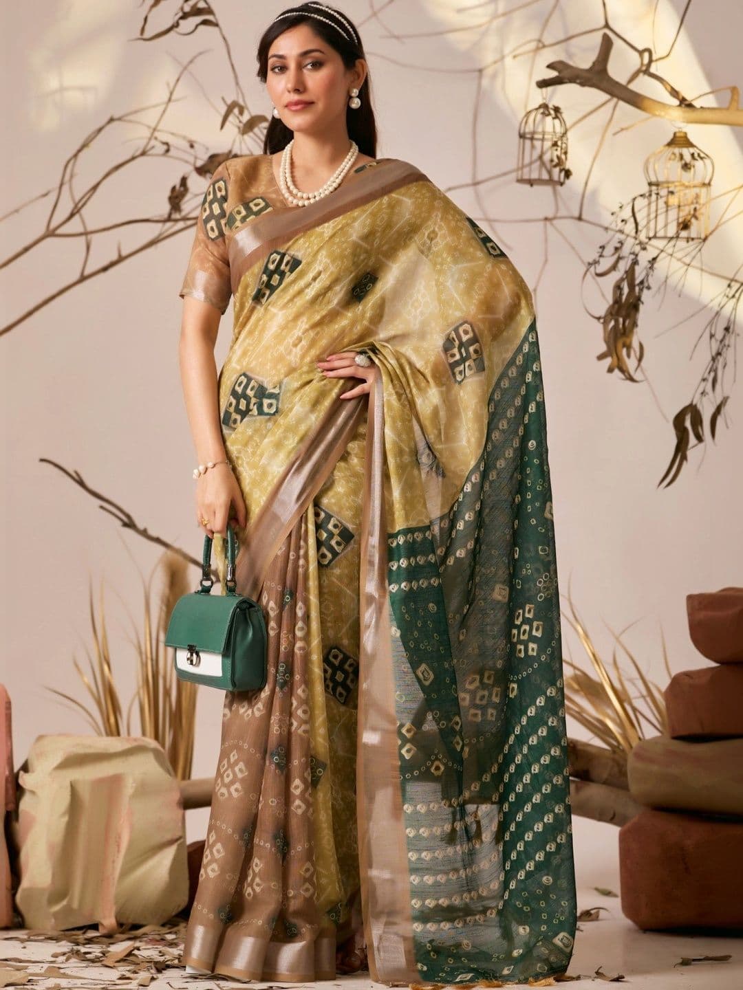 Moda Rapido Bandhani Zari Linen Blend Designer Patola Saree thumbnail 7