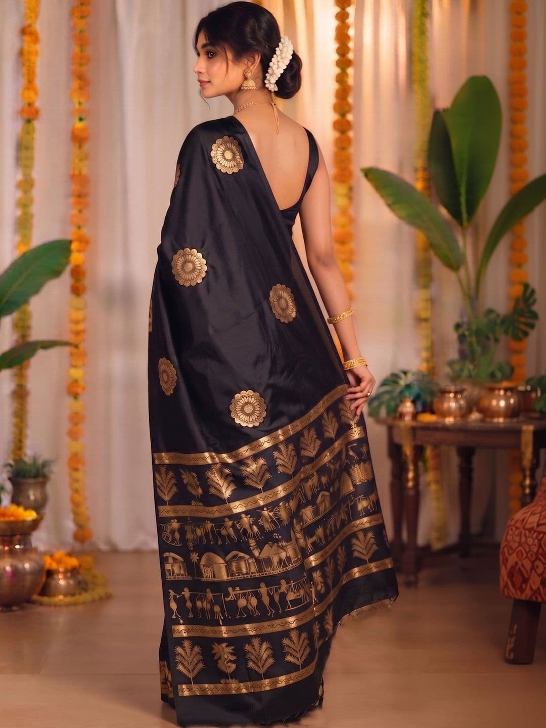 VILLE FASHION Women Warli Zari Art Silk Kanjeevaram Saree thumbnail 2