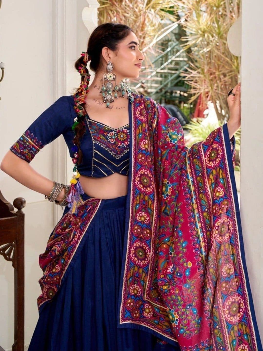 HAMOFY Embroidered Thread Work Tussar Silk Lehenga & Unstitched Blouse With Dupatta thumbnail 3