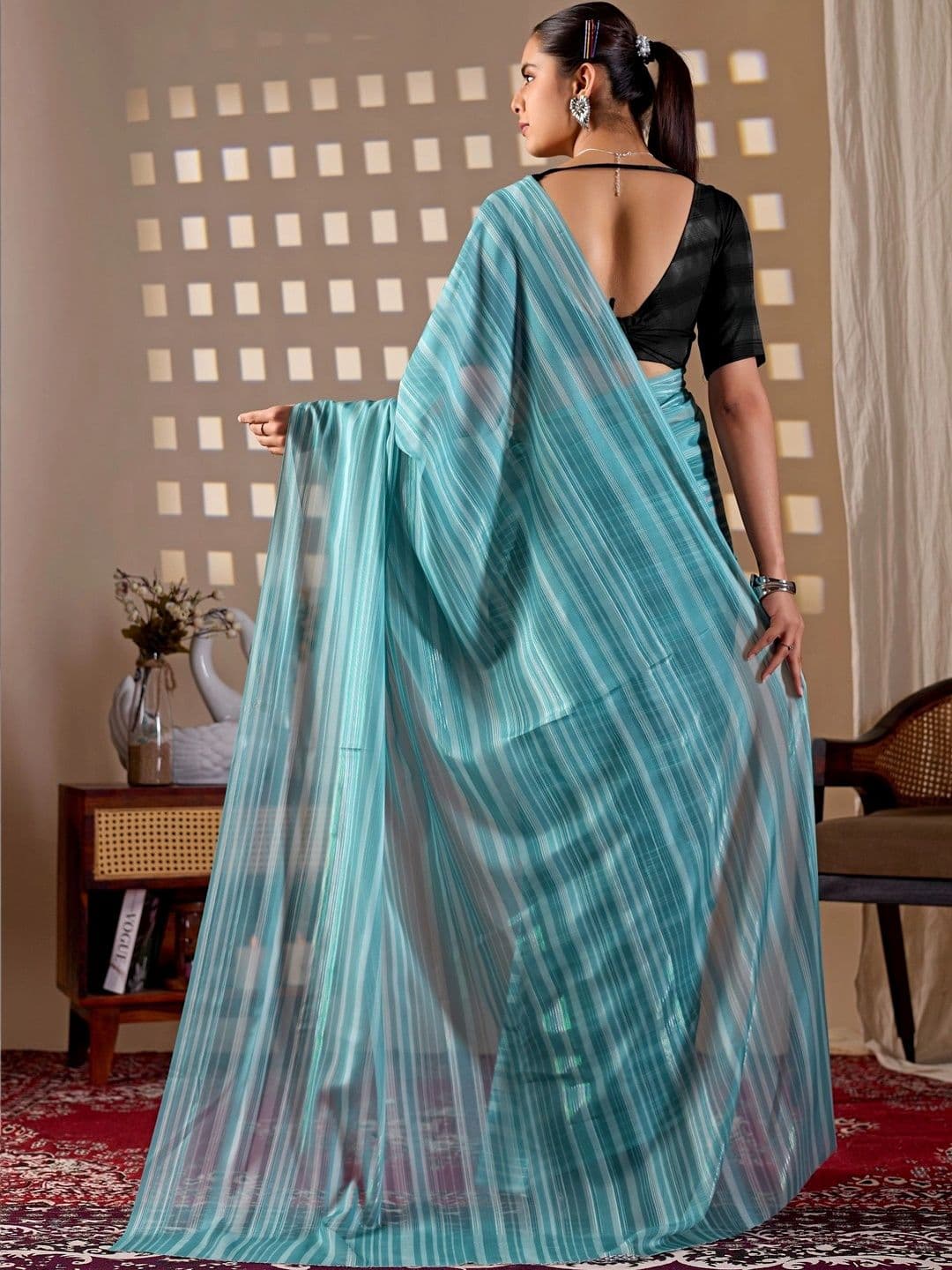Moda Rapido Striped Poly Georgette Designer Saree thumbnail 4