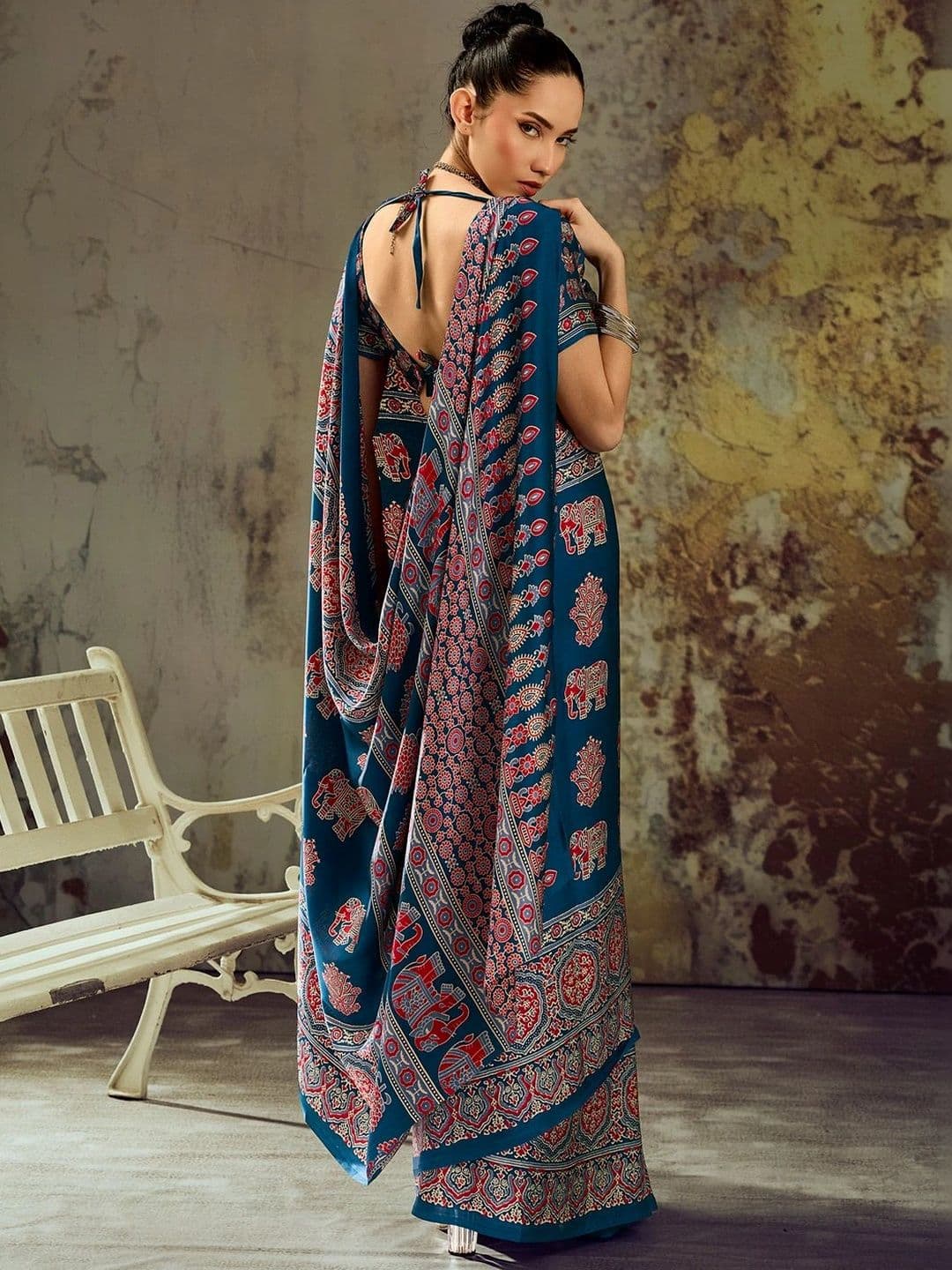 Sangria Ajrak Block Satin Designer Block Print Saree thumbnail 2