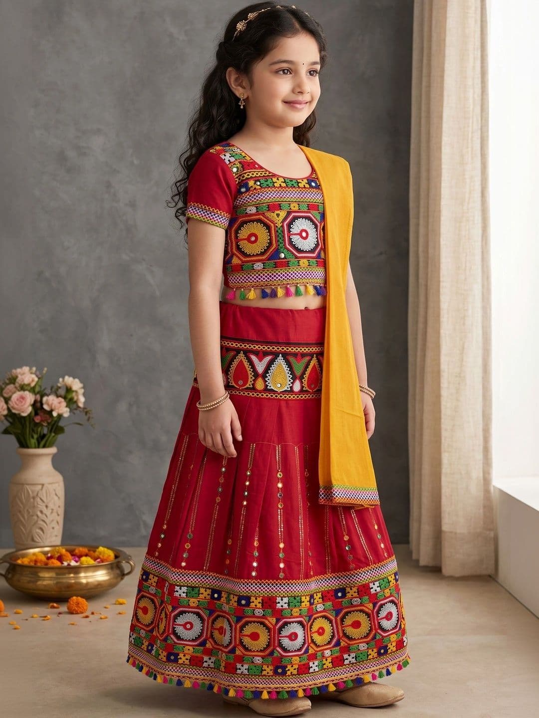 ahhaaaa Girls Embroidered Mirror Work Ready to Wear Lehenga & Blouse With Dupatta thumbnail 7