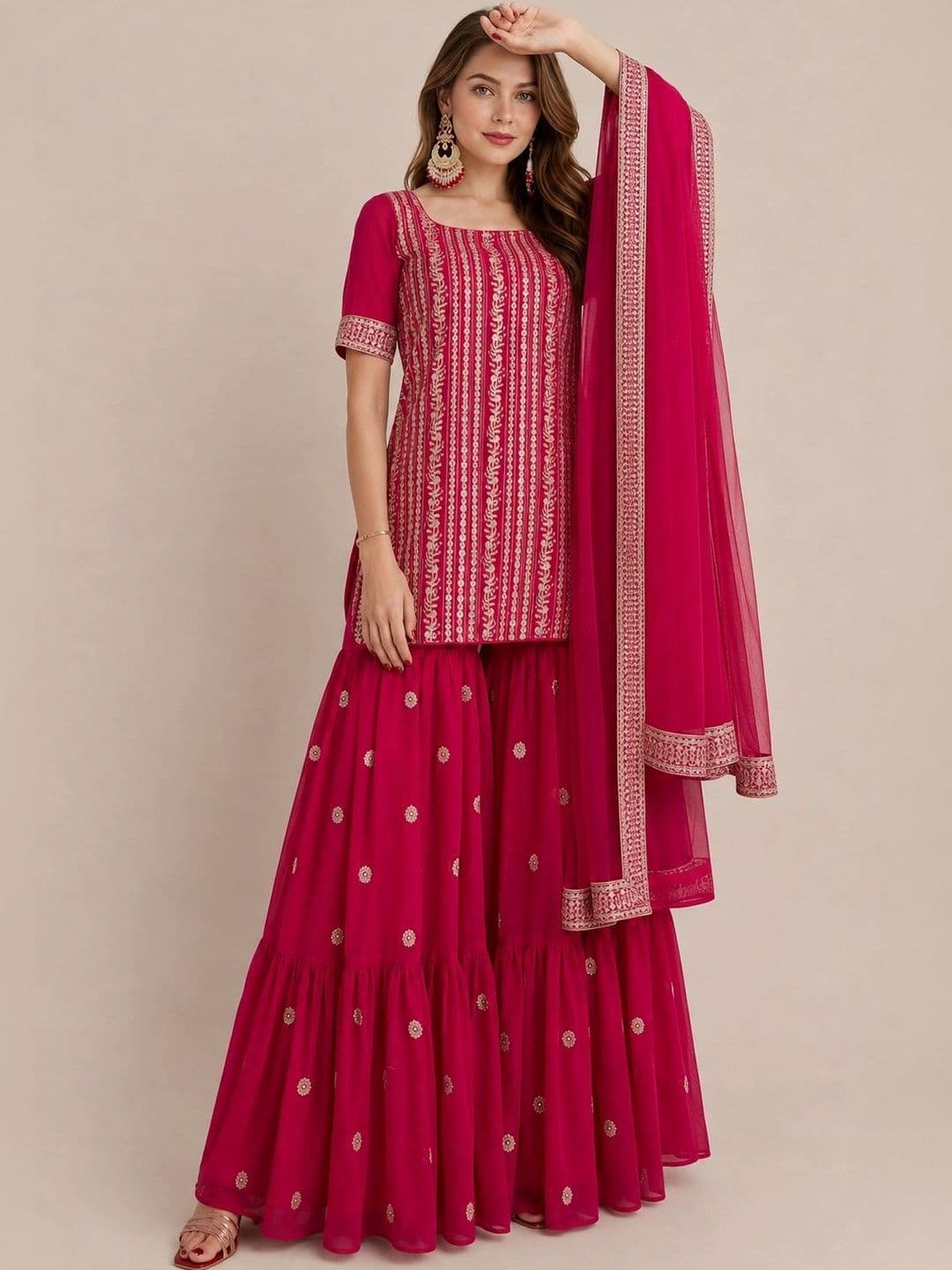 KALINI Women Ethnic Motifs Embroidered Silk Georgette Kurta with Sharara With Dupatta thumbnail 6