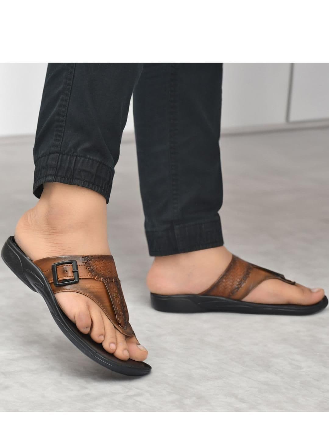 G L Trend Men's Tan Textured Comfort Thong Sandals with Adjustable Strap thumbnail 5