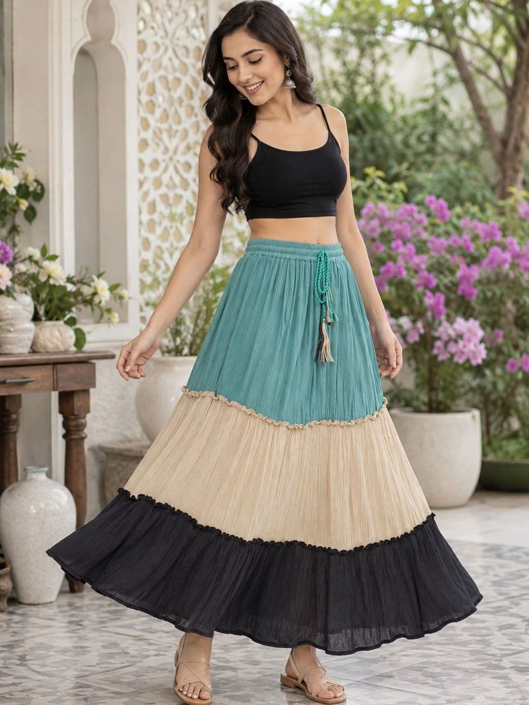 Rabhika Women Pure Cotton Cotton Cambric Colourblocked Tiered Maxi Tiered Skirt thumbnail 2