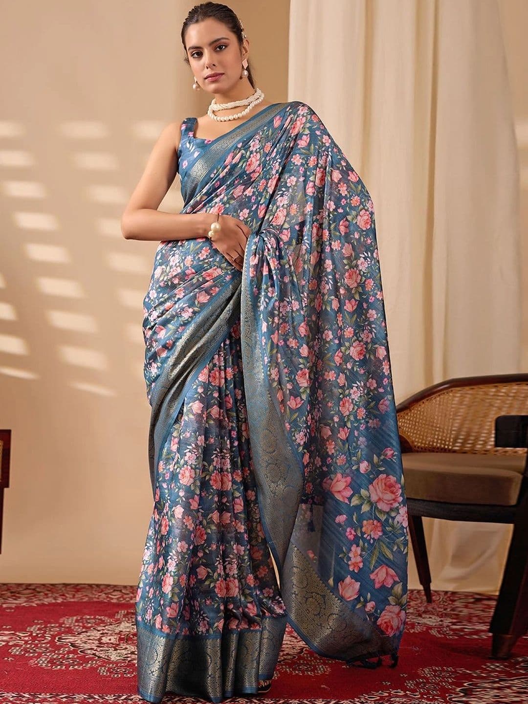 Moda Rapido Floral Zari Silk Blend Designer Saree thumbnail 4