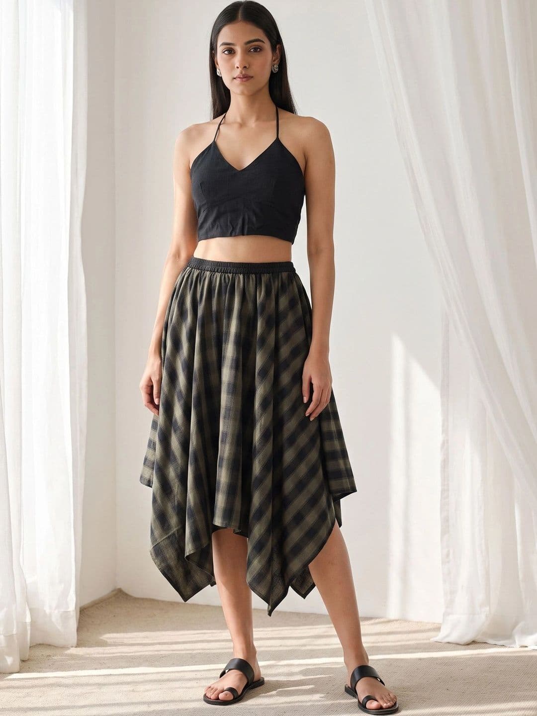 Hive91 Women Pure Cotton Checked Midi Flared Skirt - view 1