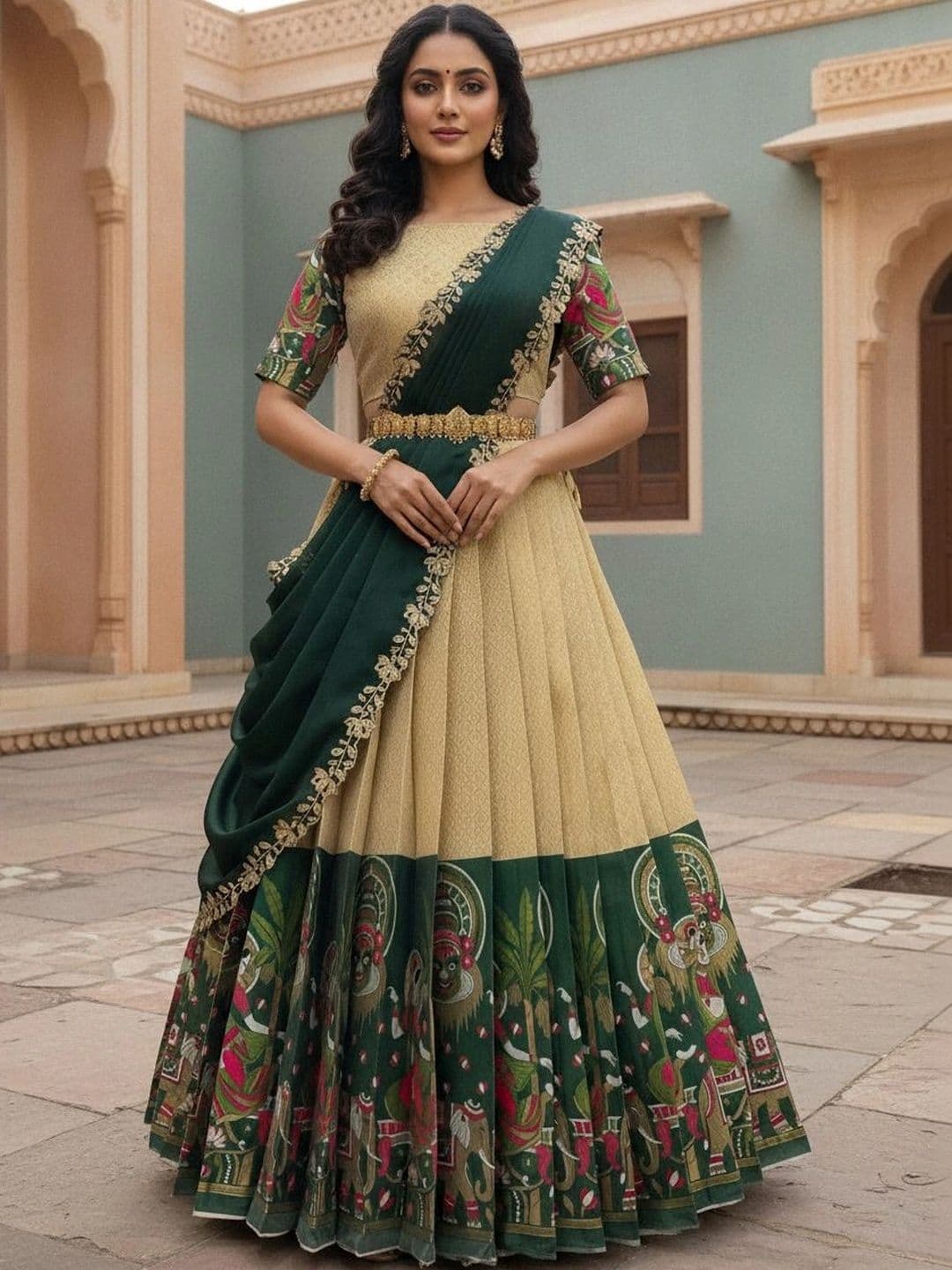 Pink Bindi Printed Sequinned Unstitched Lehenga & Blouse With Dupatta - view 1