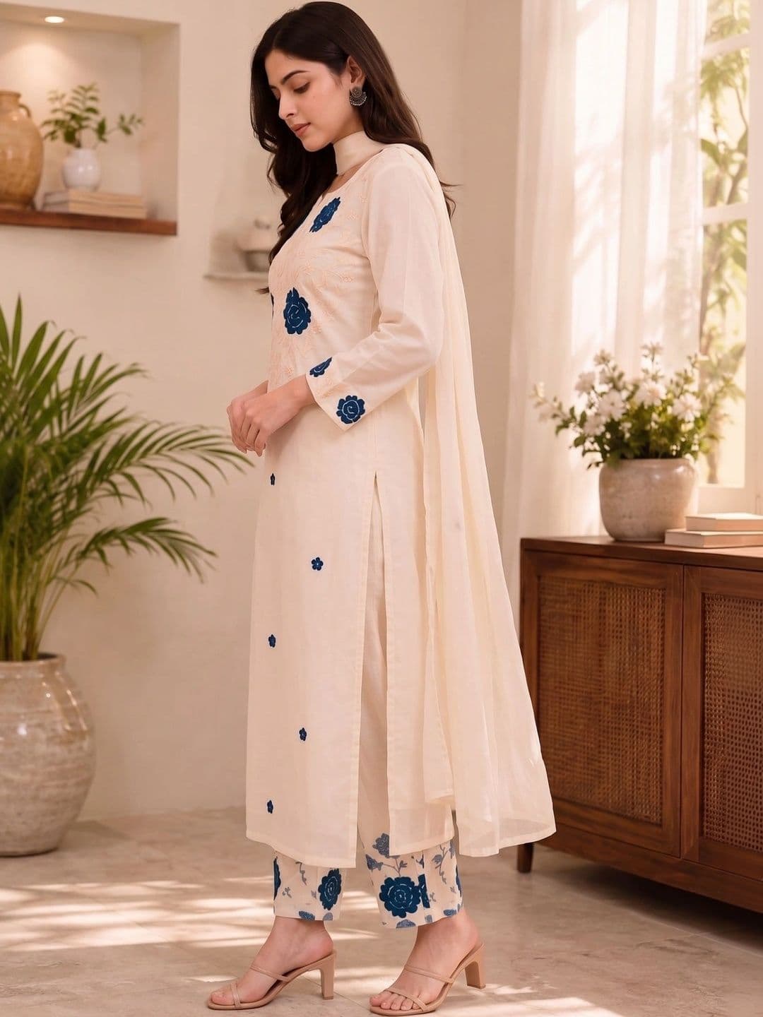 J MOGAL Women Floral Embroidered Regular Thread Work  Kurta & Trousers With Dupatta thumbnail 4