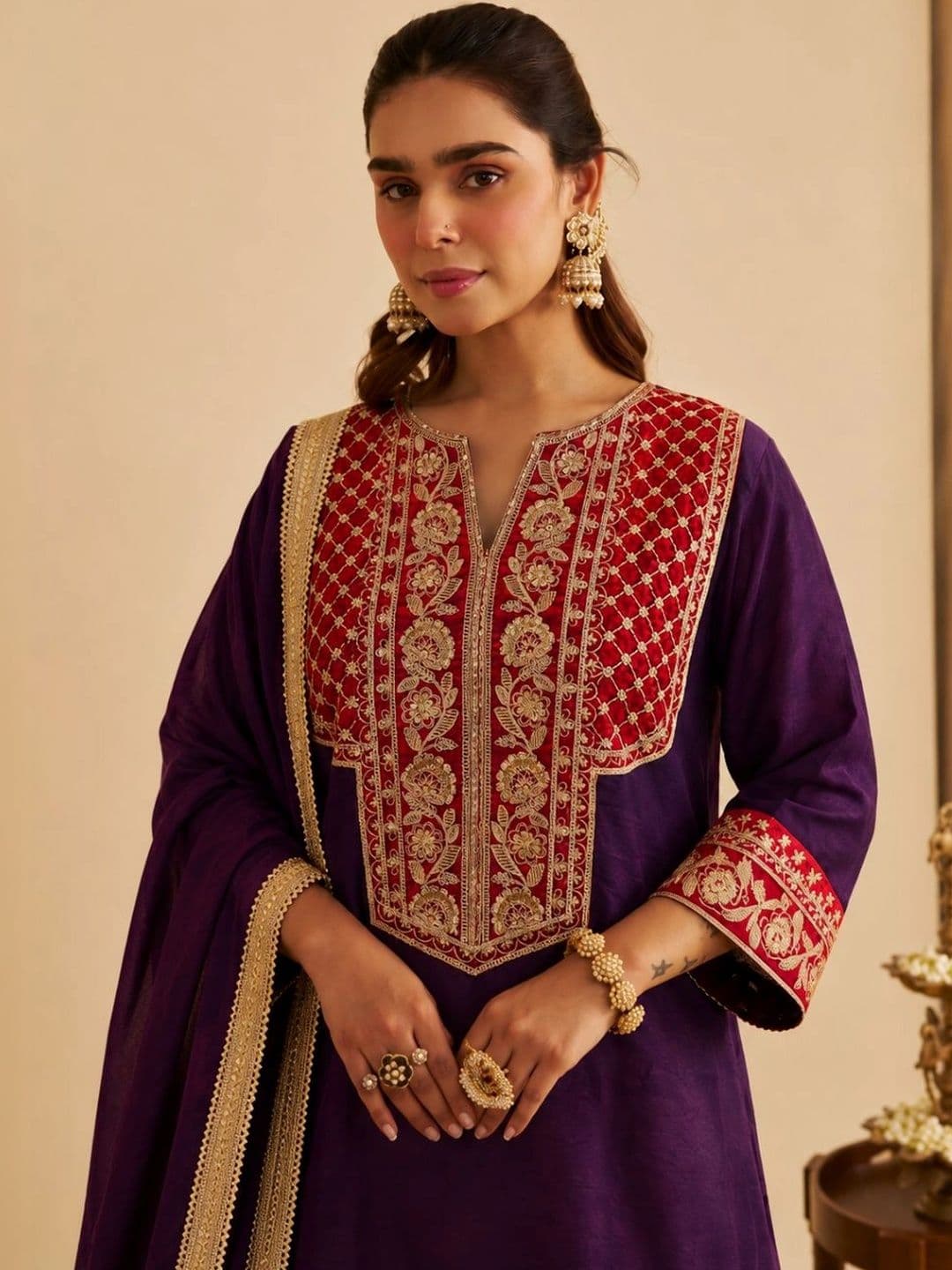 Colors  of Earth Colors of Earth Women Ethnic Motifs  Thread Work Pure Silk Kurta with Patiala & With thumbnail 2