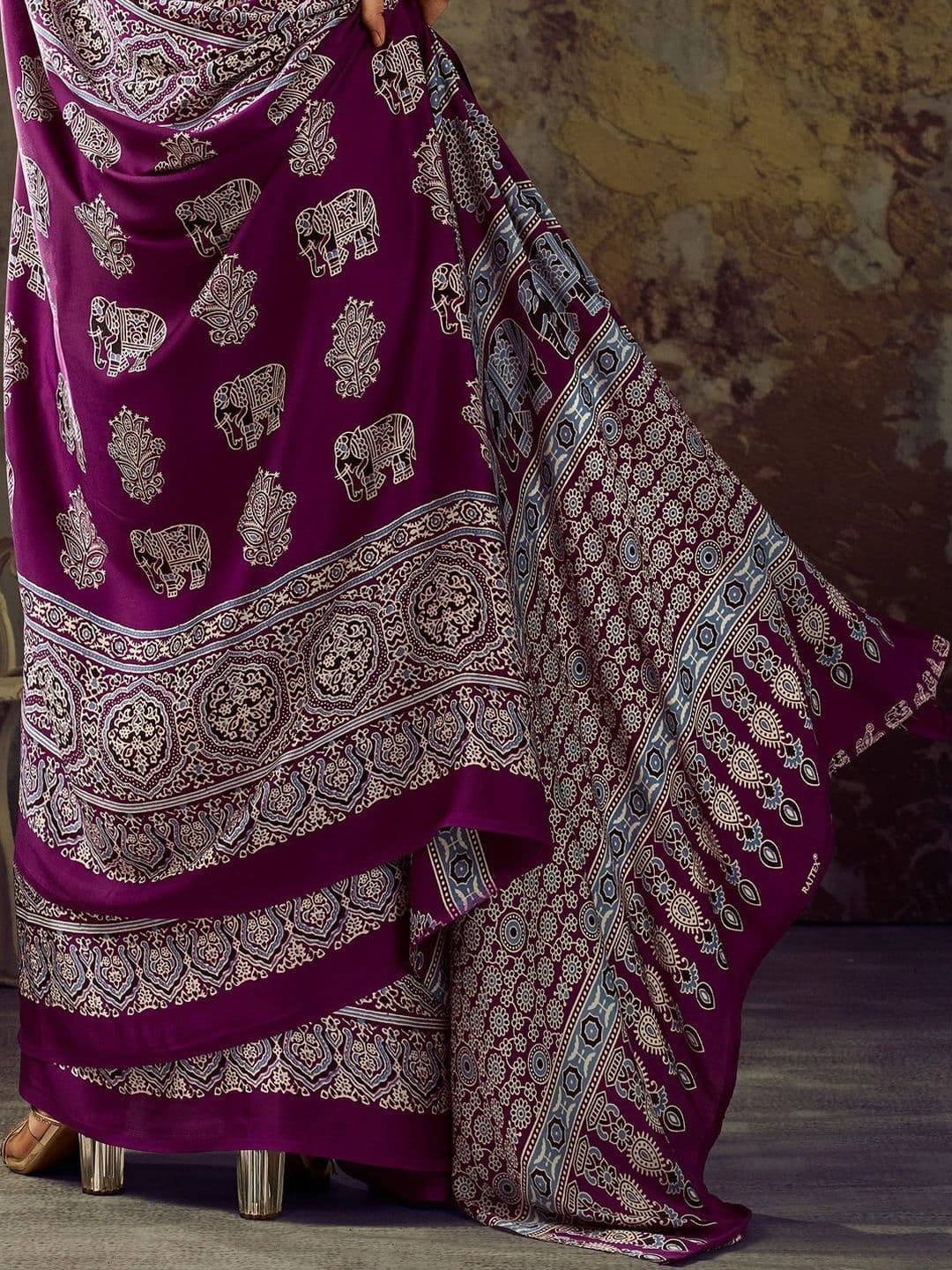 Sangria Ajrak Block Satin Designer Block Print Saree thumbnail 3