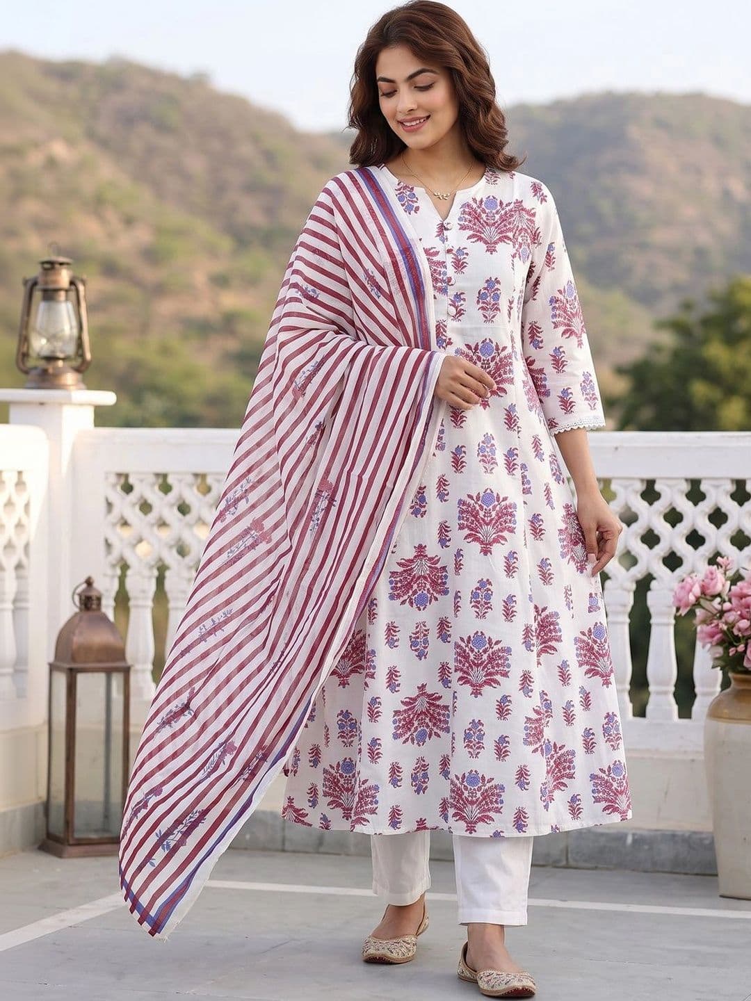 Jaitpuriya Women Ethnic Motifs Printed Regular Pure Cotton Kurta with Trousers & With Dupatta thumbnail 7