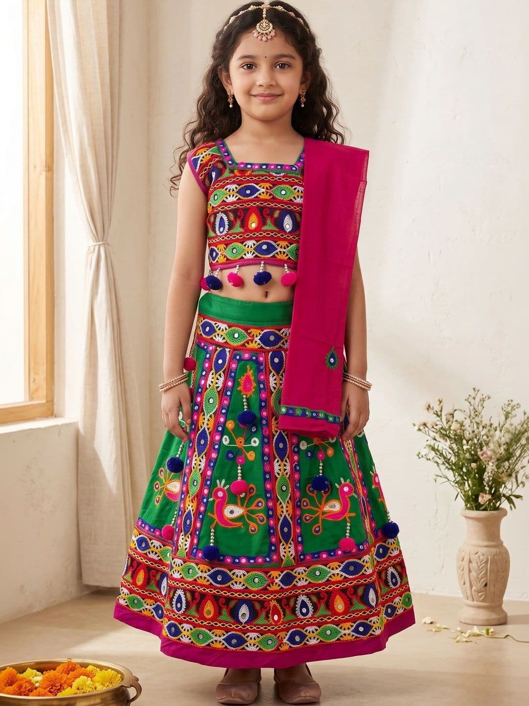 ahhaaaa Girls Embellished Mirror Work Ready to Wear Lehenga & Blouse With Dupatta - view 1