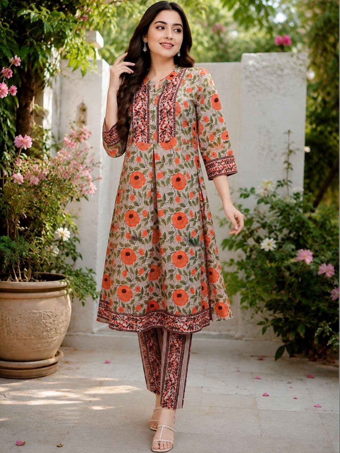 NAVYAAZRI Women Floral Printed Regular Pure Cotton Kurta with Trousers - view 1