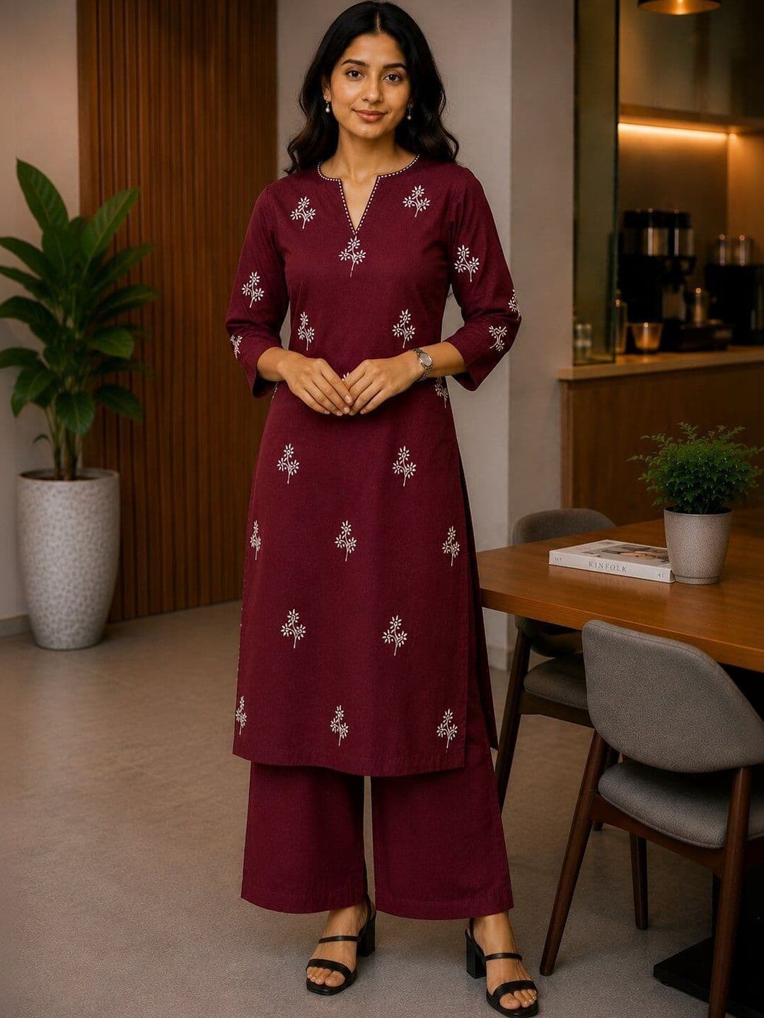 SALE MANTRA Women Ethnic Motifs Embroidered Regular Thread Work Pure Cotton Kurta with Palazzos thumbnail 2