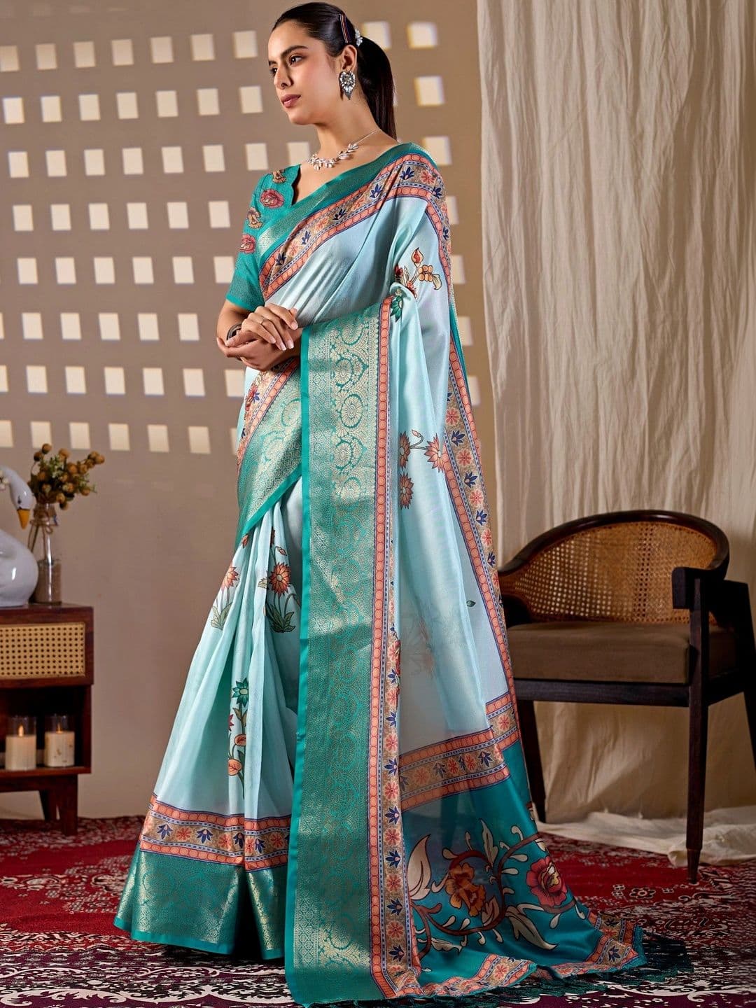 Moda Rapido Floral Zari Silk Blend Designer Saree thumbnail 7