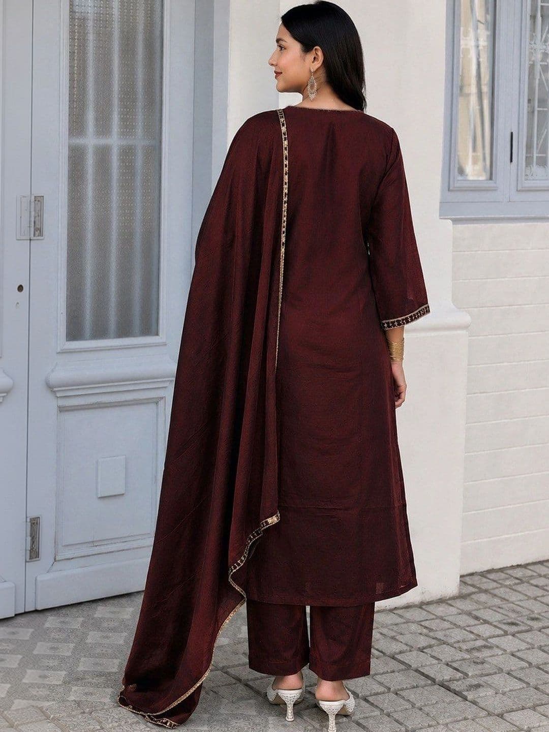 KALINI Women Ethnic Motifs Embroidered Regular Thread Work Silk Chiffon Kurta with Trousers & With Dupatta thumbnail 3