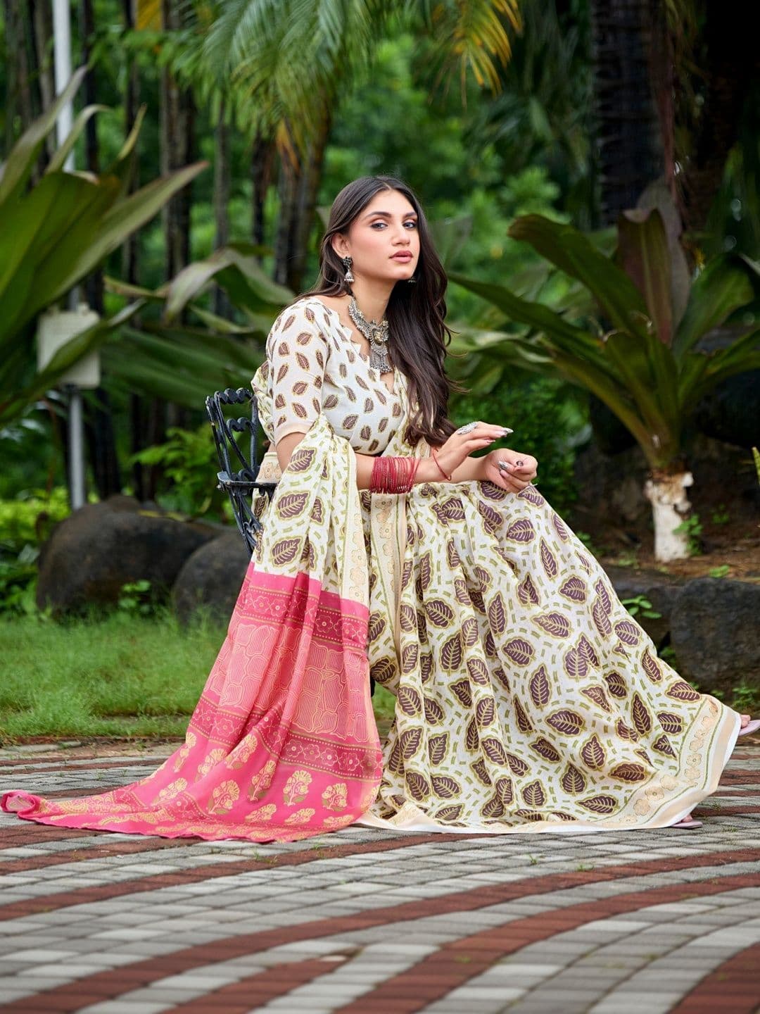 K 5 Fashion Ethnic Motifs Embroidered Pure Cotton Fusion Ikat Saree thumbnail 7