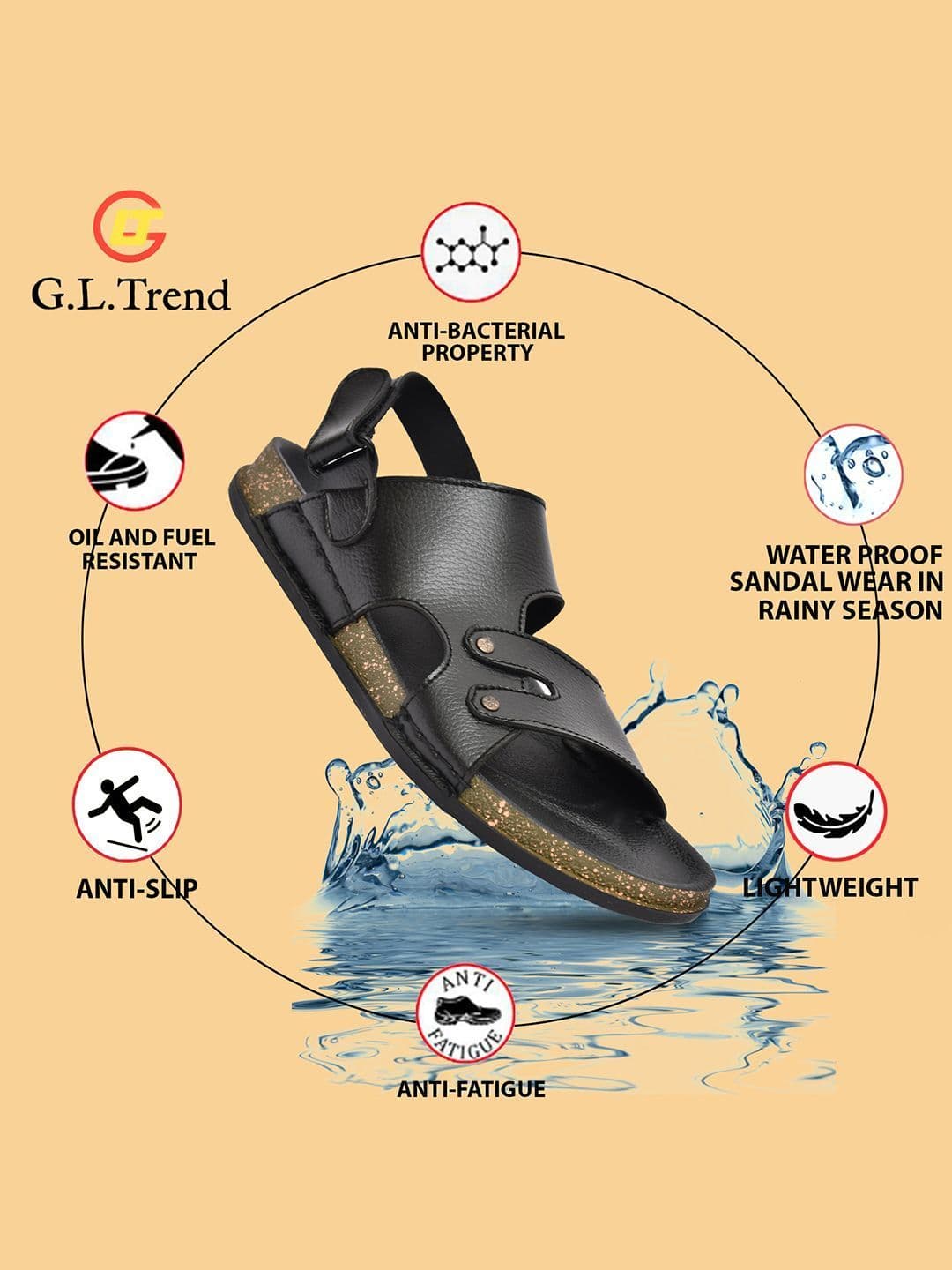 G L Trend Men Casual Waterproof Leather Black Velcro Sandals thumbnail 4