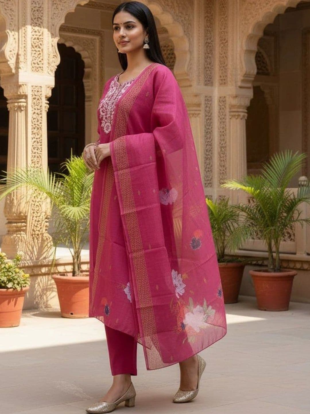 Komurr Women Ethnic Motifs Embroidered Regular Thread Work Kurta with Trousers & With Dupatta thumbnail 3