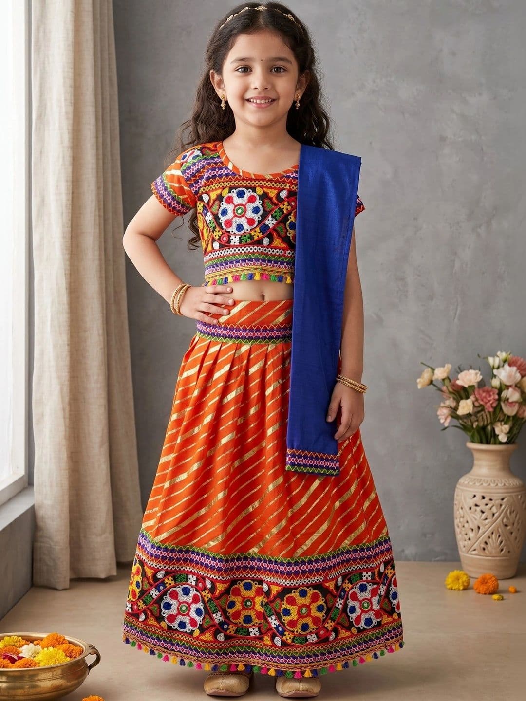 ahhaaaa Girls Embroidered Mirror Work Ready to Wear Lehenga & Blouse With Dupatta - view 1