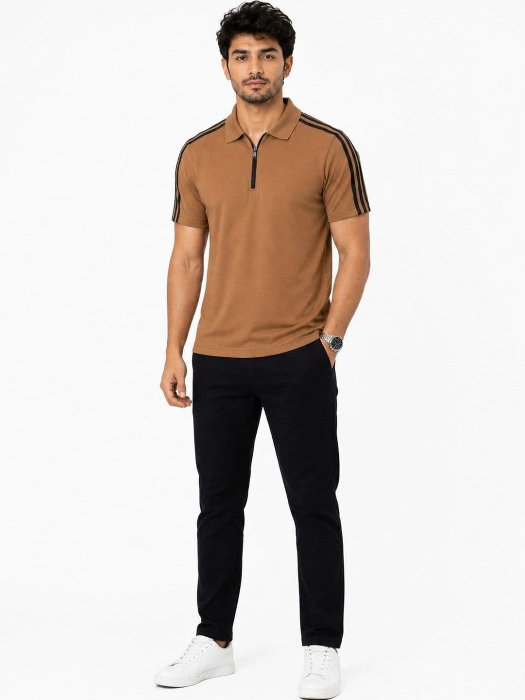 MaverIQ Camel Brown Colourblocked Polo Collar Regular Fit T-shirt thumbnail 4