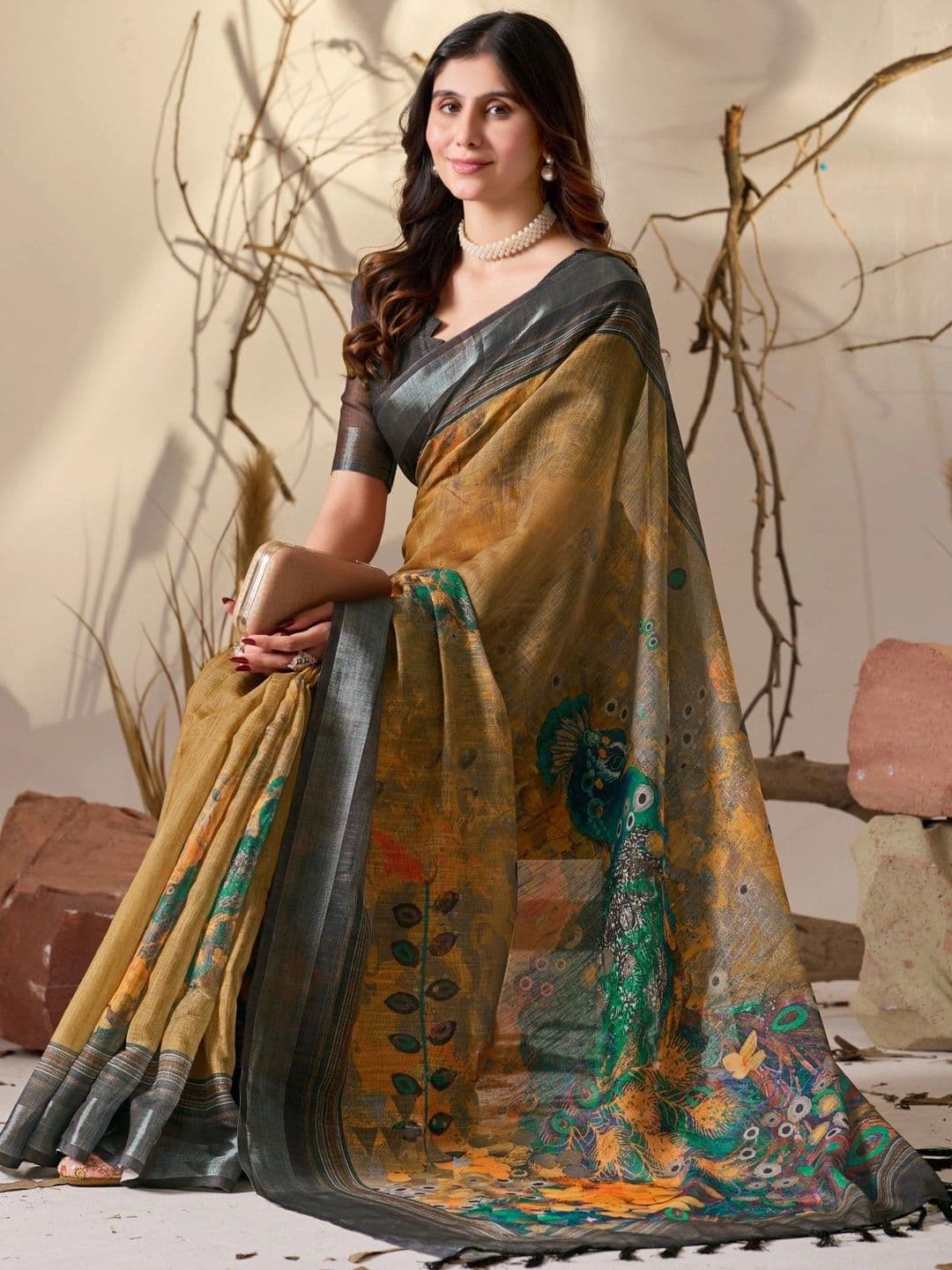 Moda Rapido Floral Zari Linen Blend Designer Saree thumbnail 2